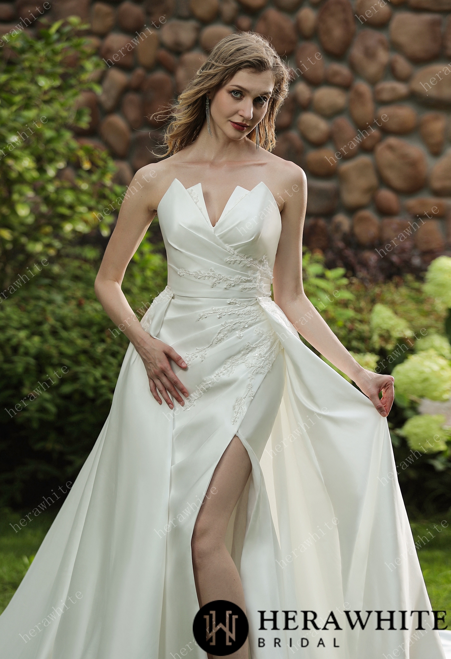 Sample Sale/  Strapless Silky Satin Wedding Dress With Overskirt