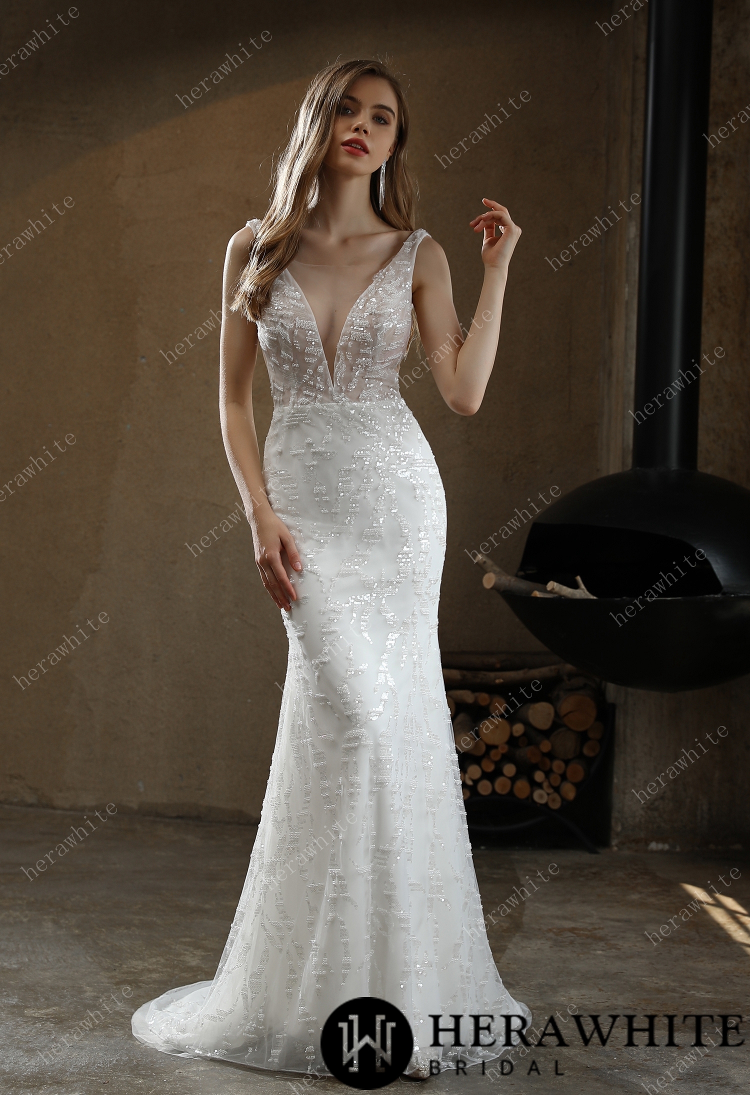 Sample Sale/ Allover Beaded Sheath Sequins  V Neck Wedding Dress With Overskirt