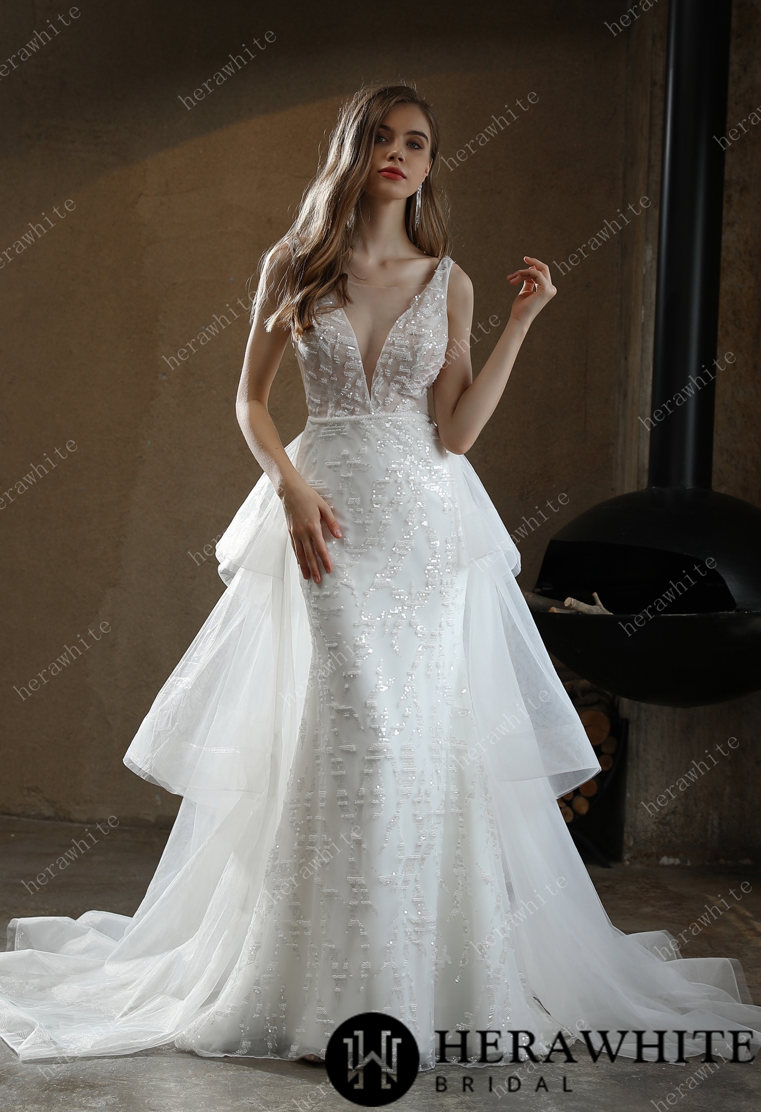Sample Sale/ Allover Beaded Sheath Sequins  V Neck Wedding Dress With Overskirt