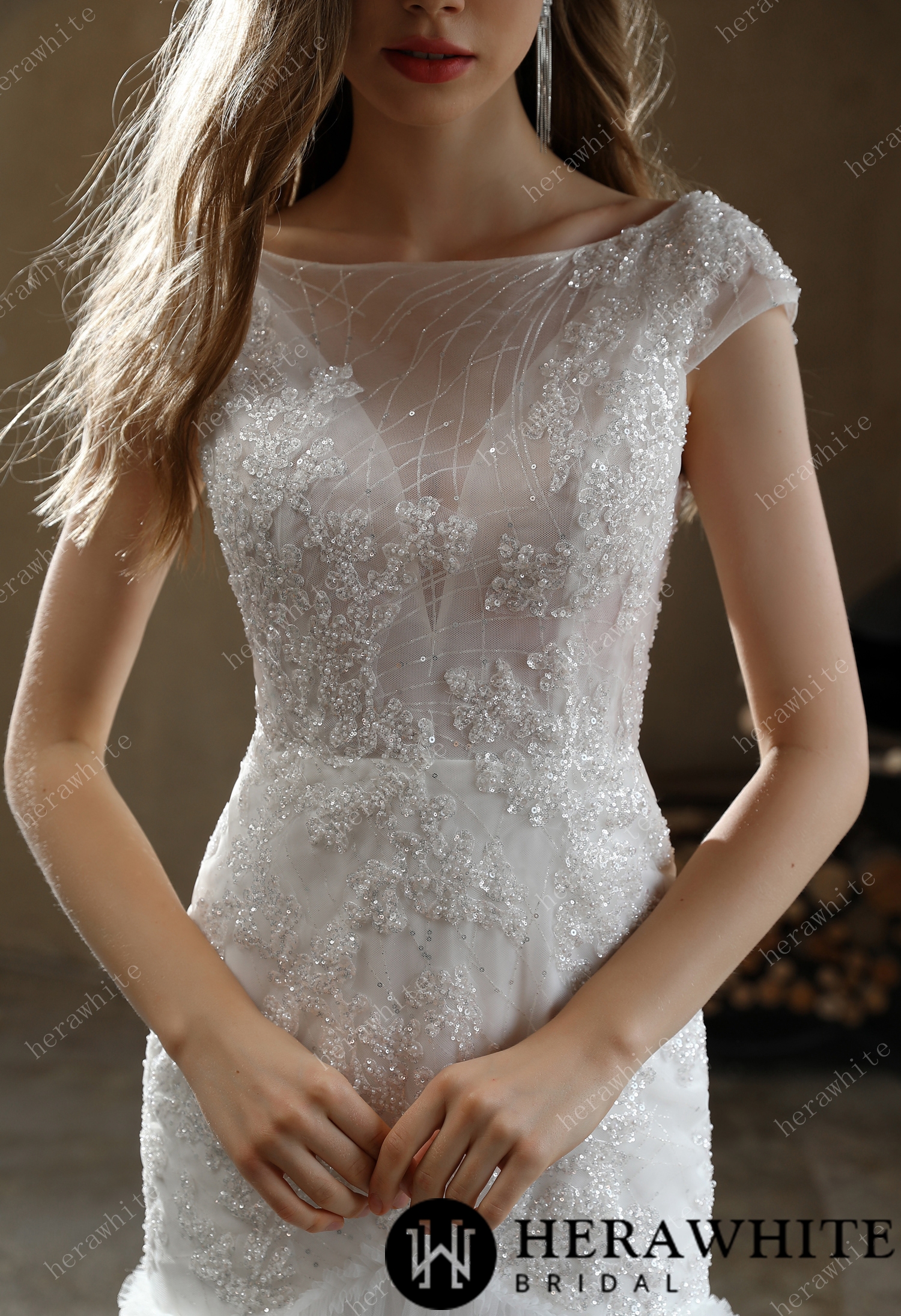 Sample Sale/ Illusion Bateau Neckline Beaded Mermaid Wedding Dress