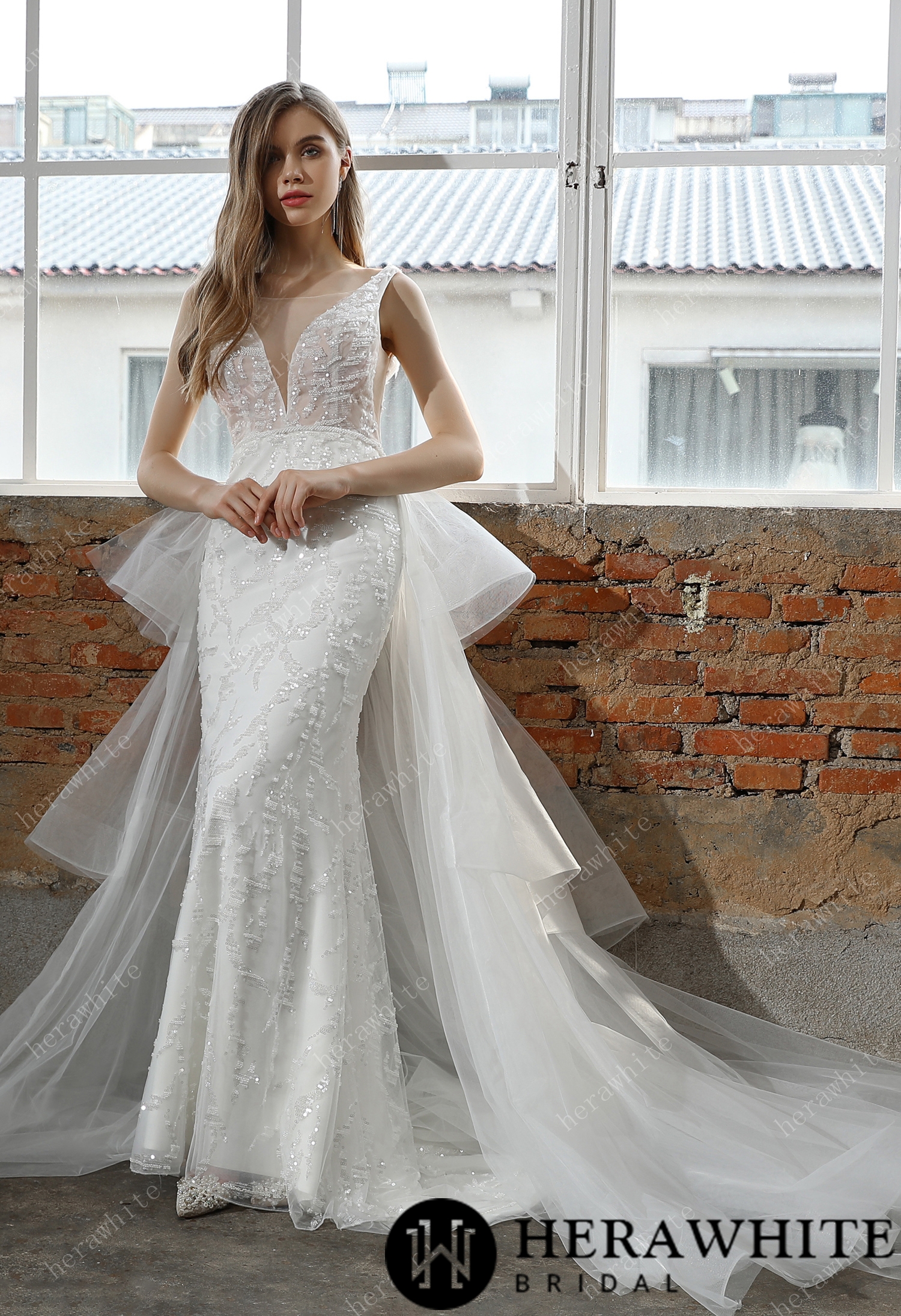 Sample Sale/ Allover Beaded Sheath Sequins  V Neck Wedding Dress With Overskirt