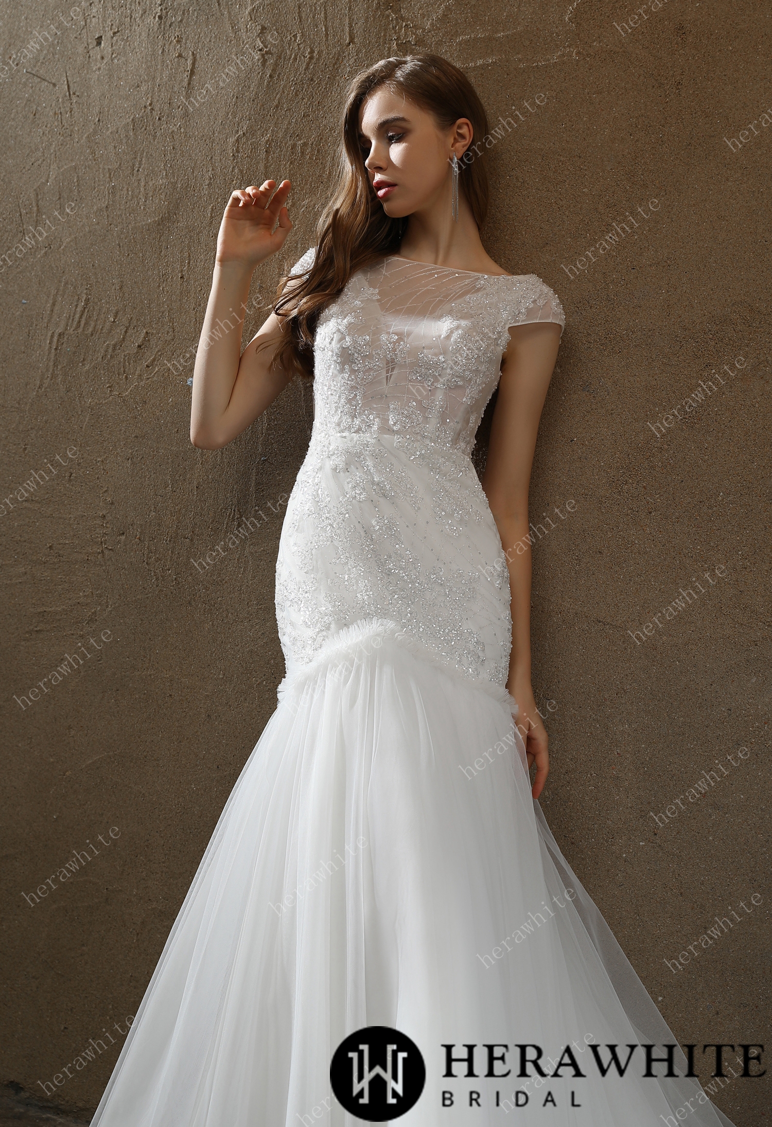Sample Sale/ Illusion Bateau Neckline Beaded Mermaid Wedding Dress