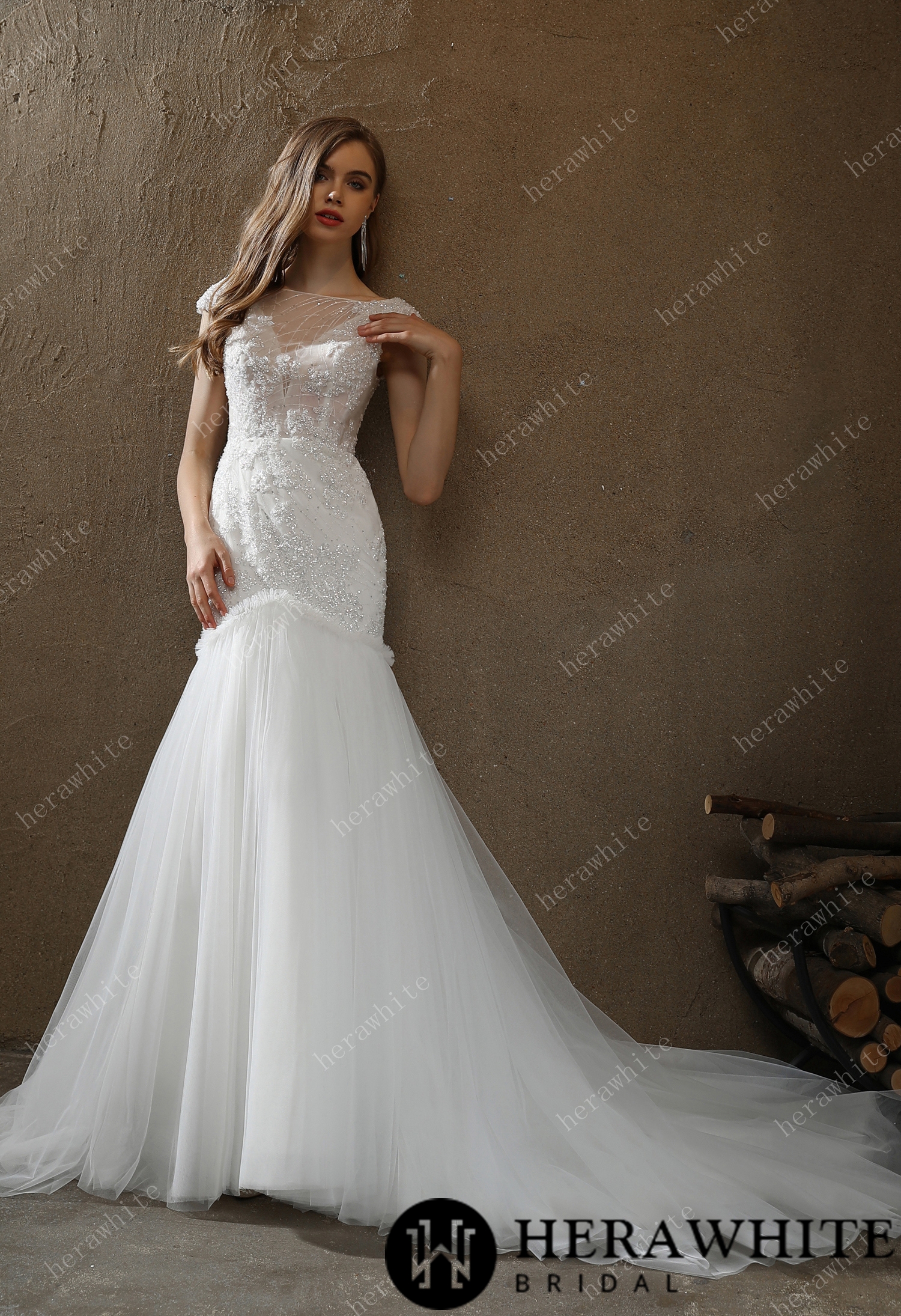 Sample Sale/ Illusion Bateau Neckline Beaded Mermaid Wedding Dress