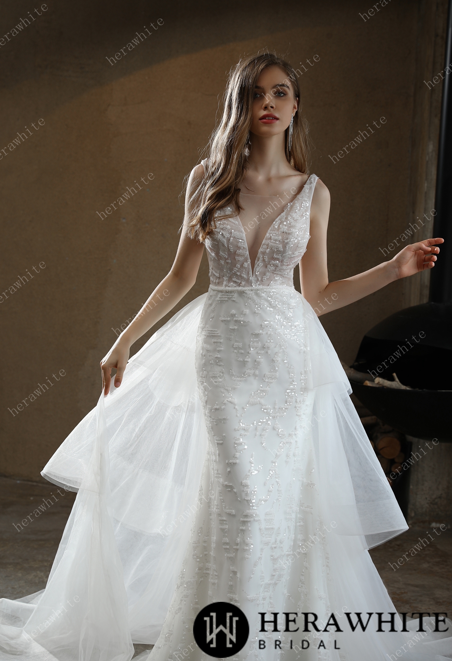 Sample Sale/ Allover Beaded Sheath Sequins  V Neck Wedding Dress With Overskirt