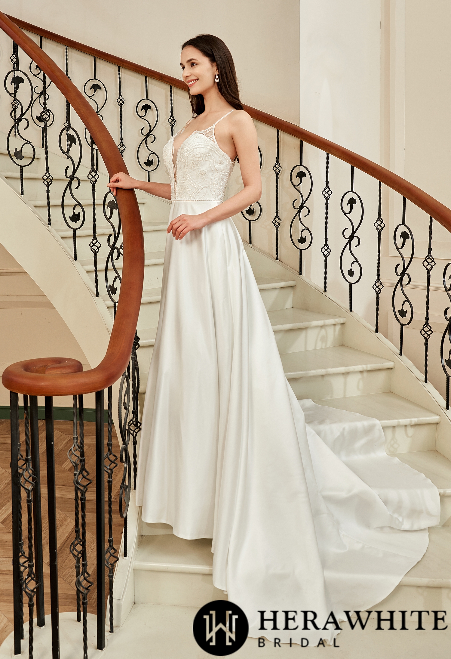 Sample Sale/ Beaded Deep V-neckline Satin A-Line Pockets Wedding Dress