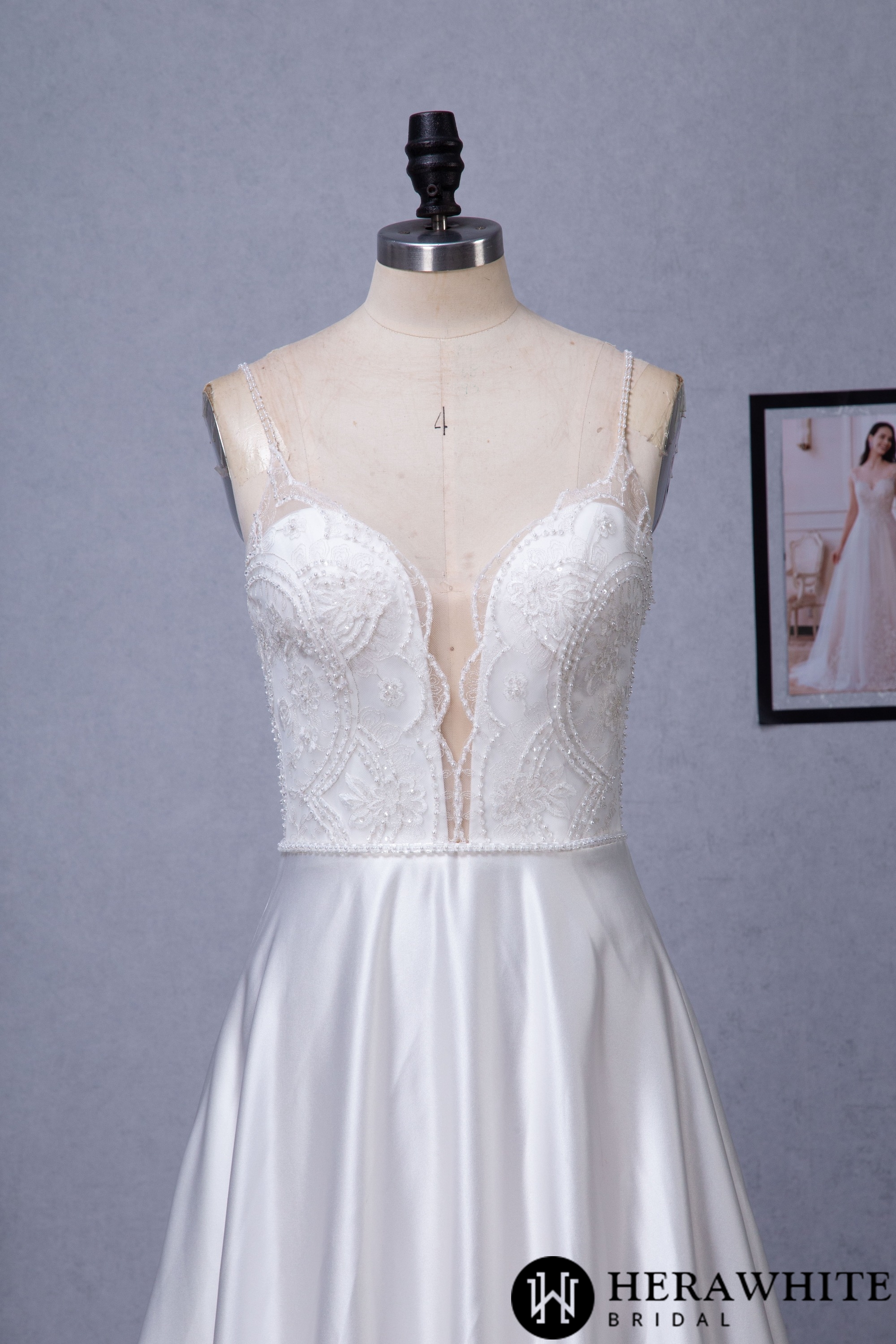 Sample Sale/ Beaded Deep V-neckline Satin A-Line Pockets Wedding Dress