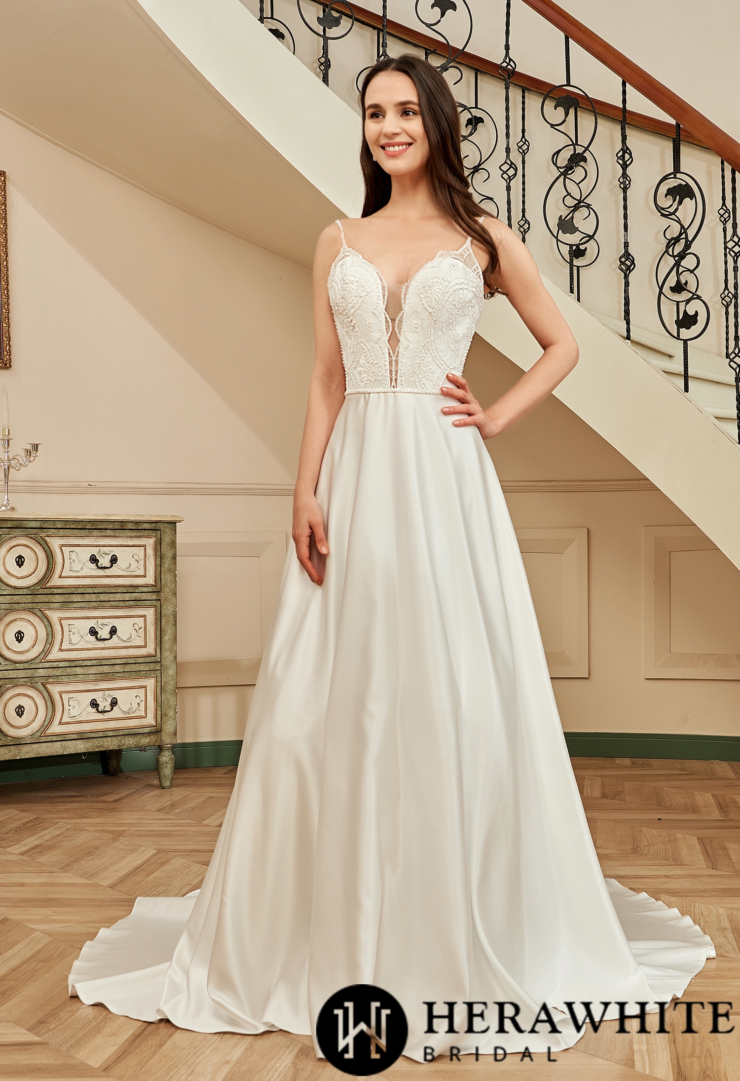 Sample Sale/ Beaded Deep V-neckline Satin A-Line Pockets Wedding Dress