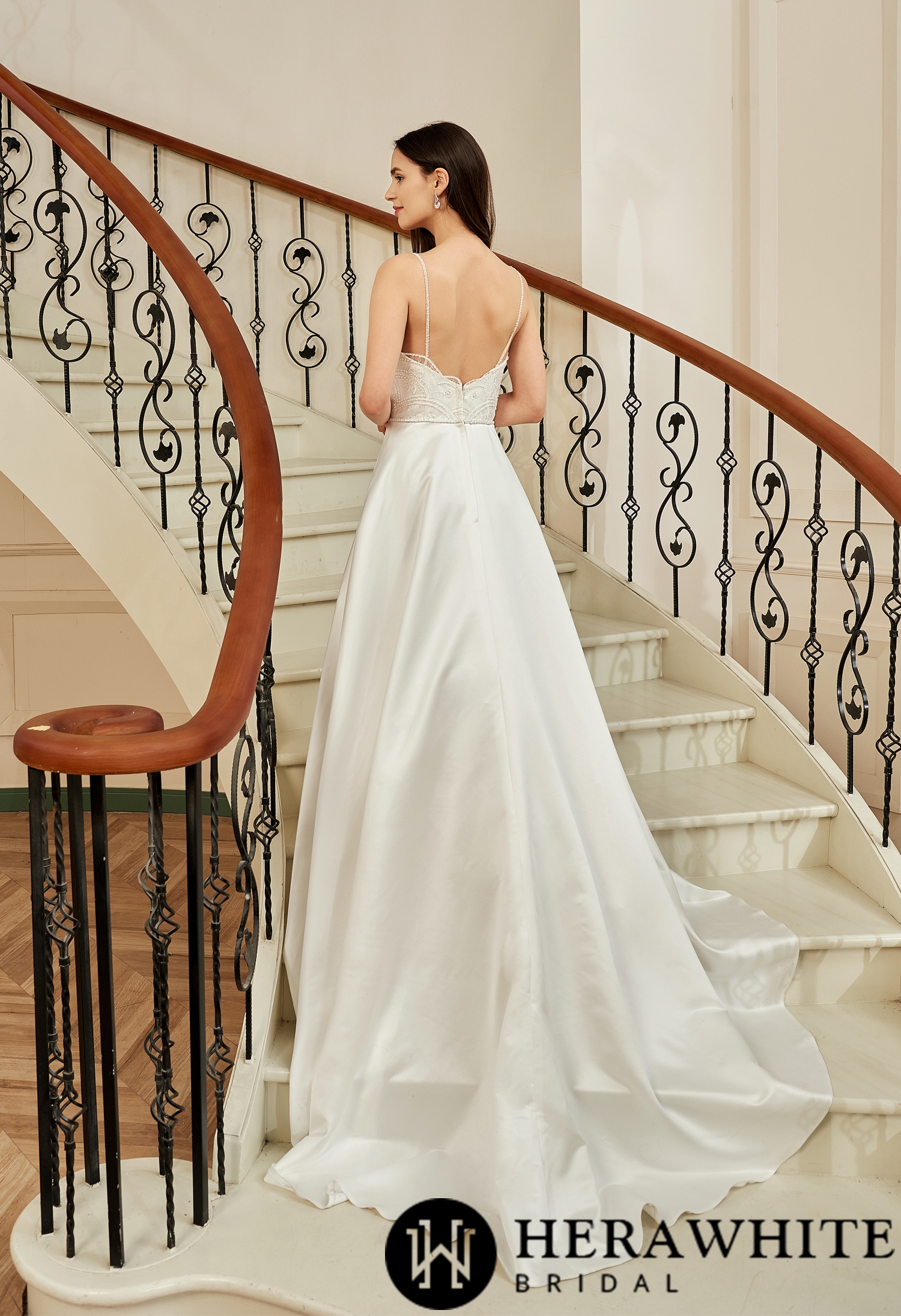 Sample Sale/ Beaded Deep V-neckline Satin A-Line Pockets Wedding Dress
