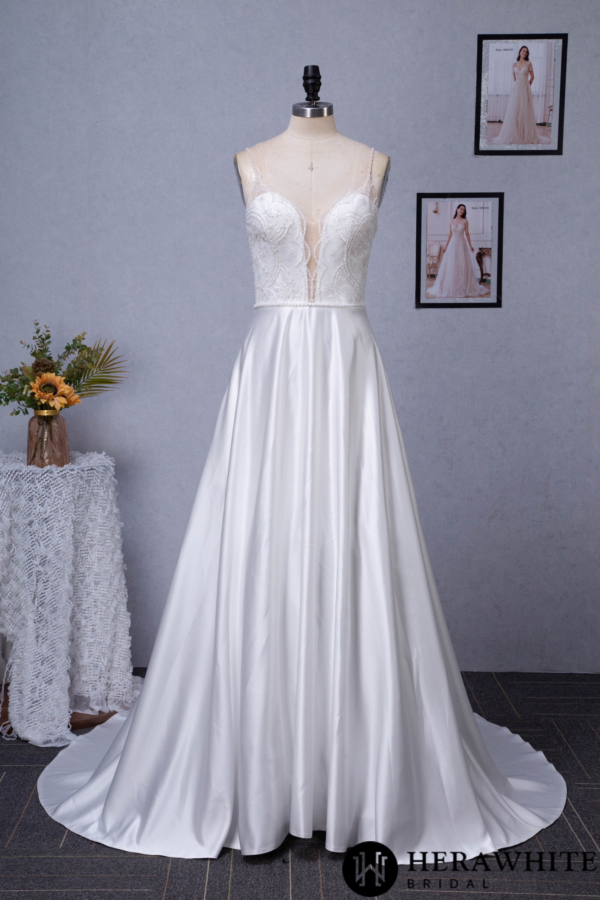 Sample Sale/ Beaded Deep V-neckline Satin A-Line Pockets Wedding Dress