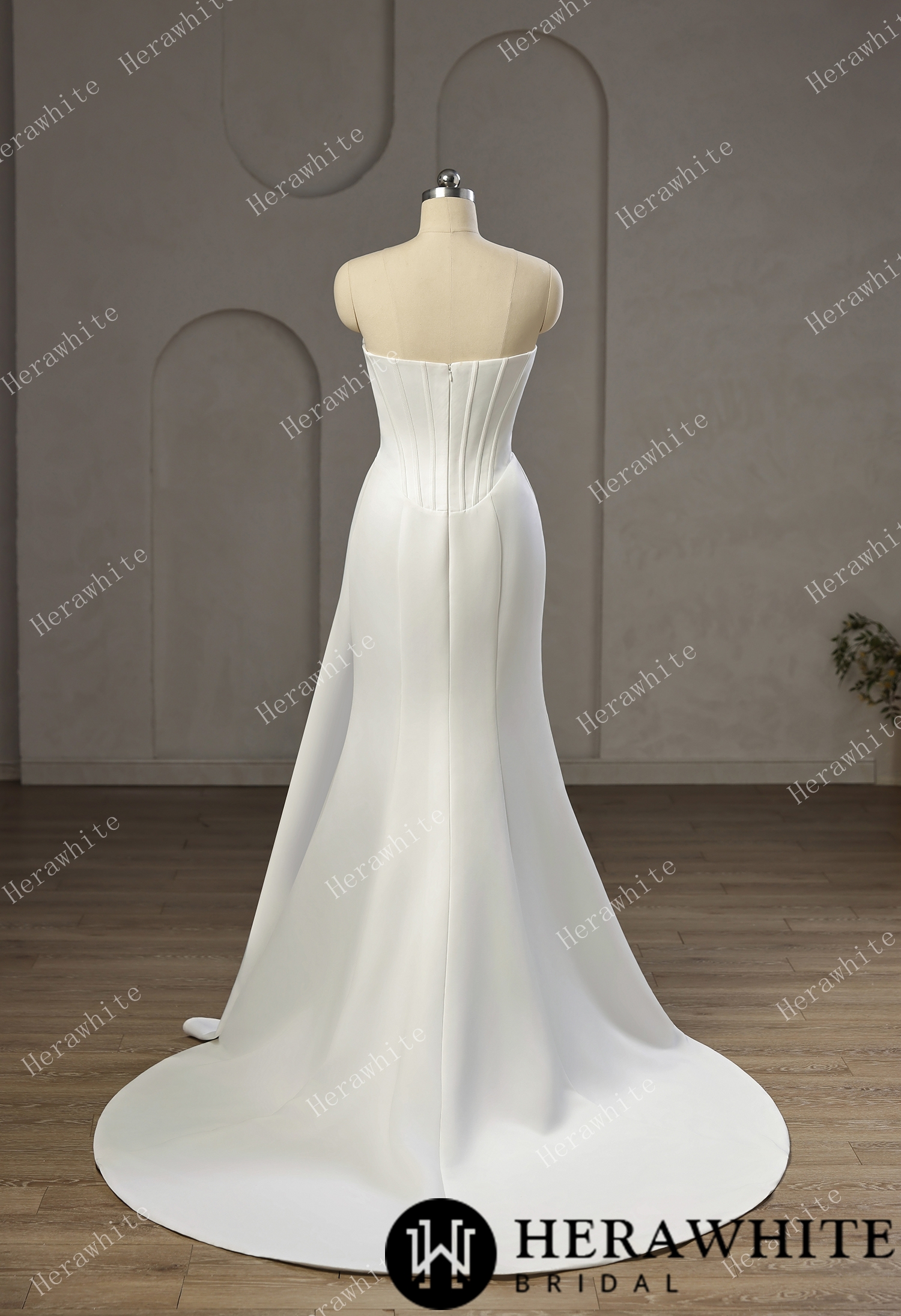 Strapless Cowl Neck Corset Satin Wedding Dress with High Slit & Sweep Train