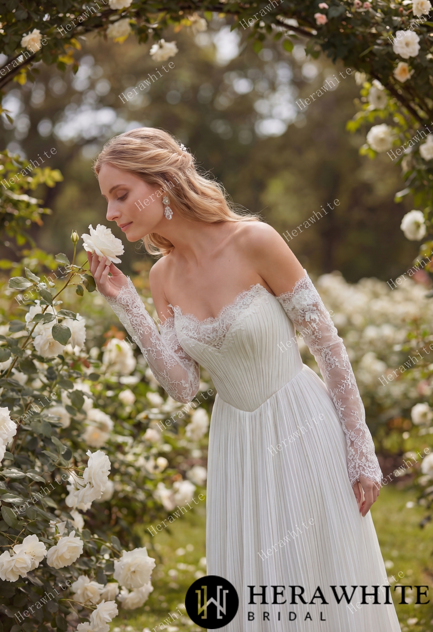Fluid Pleated Chiffon Bridal Gown with Detachable Lace Sleeves