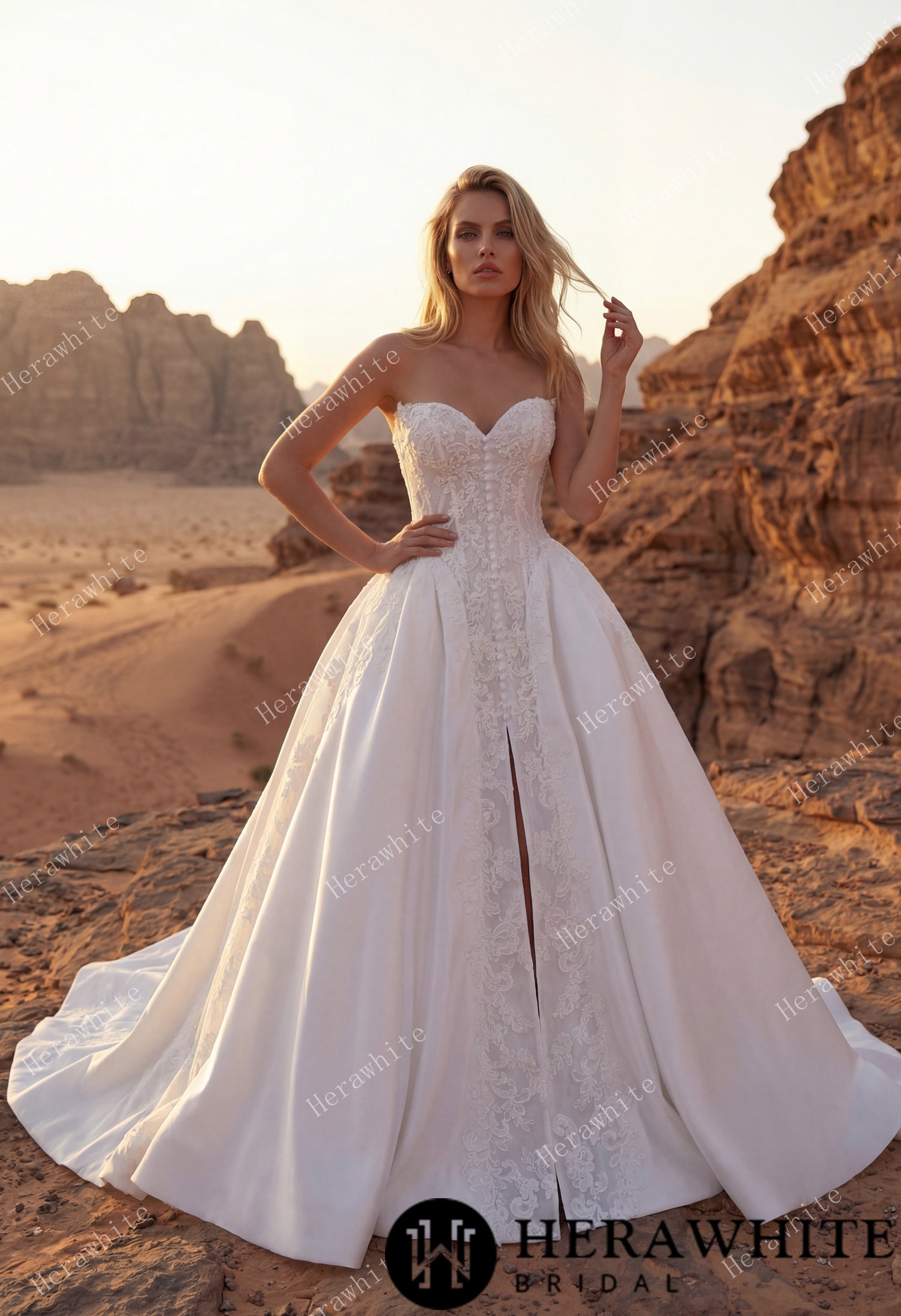 Strapless Sweetheart Lace &amp; Satin Ball Wedding Dress