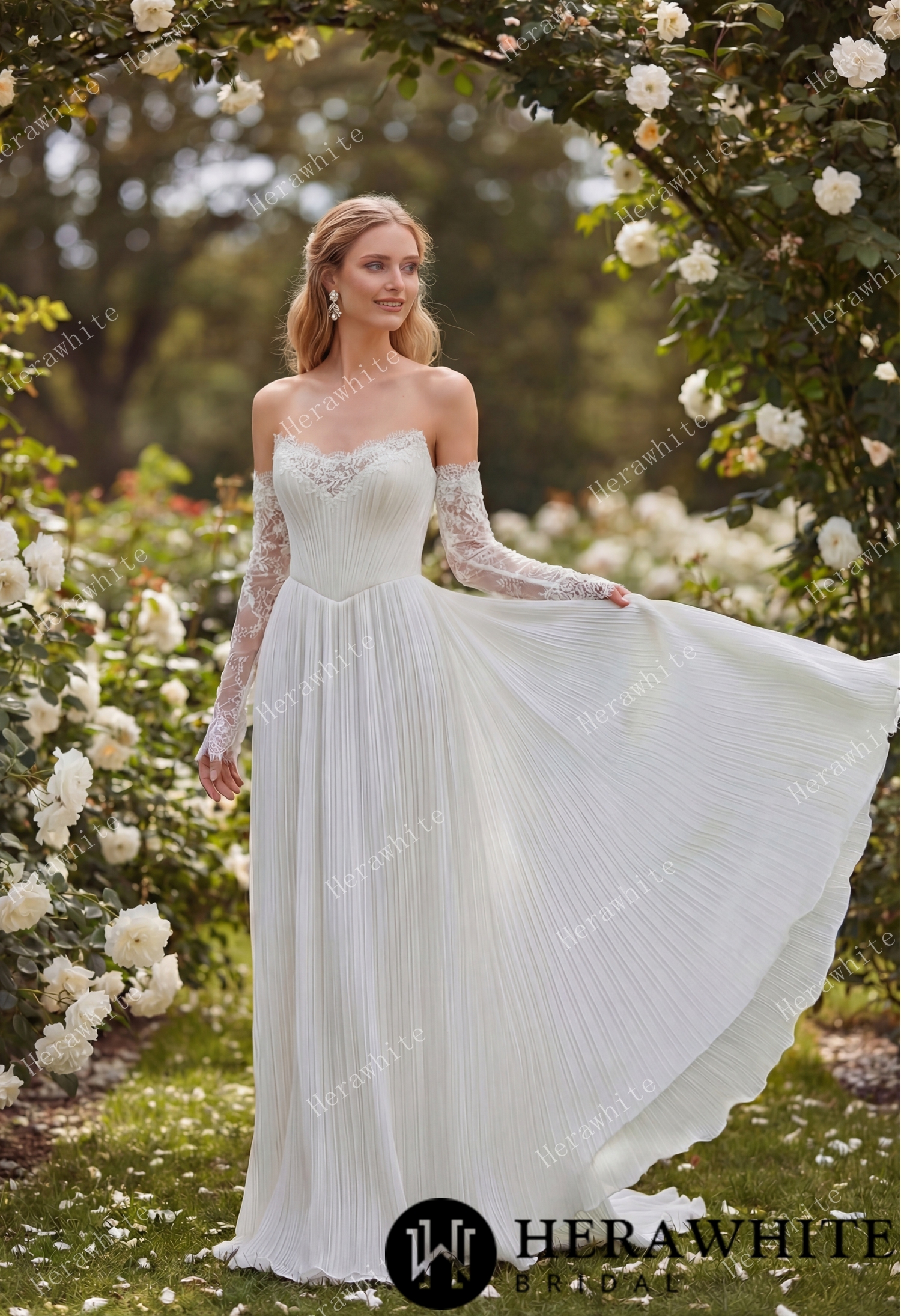 Fluid Pleated Chiffon Bridal Gown with Detachable Lace Sleeves