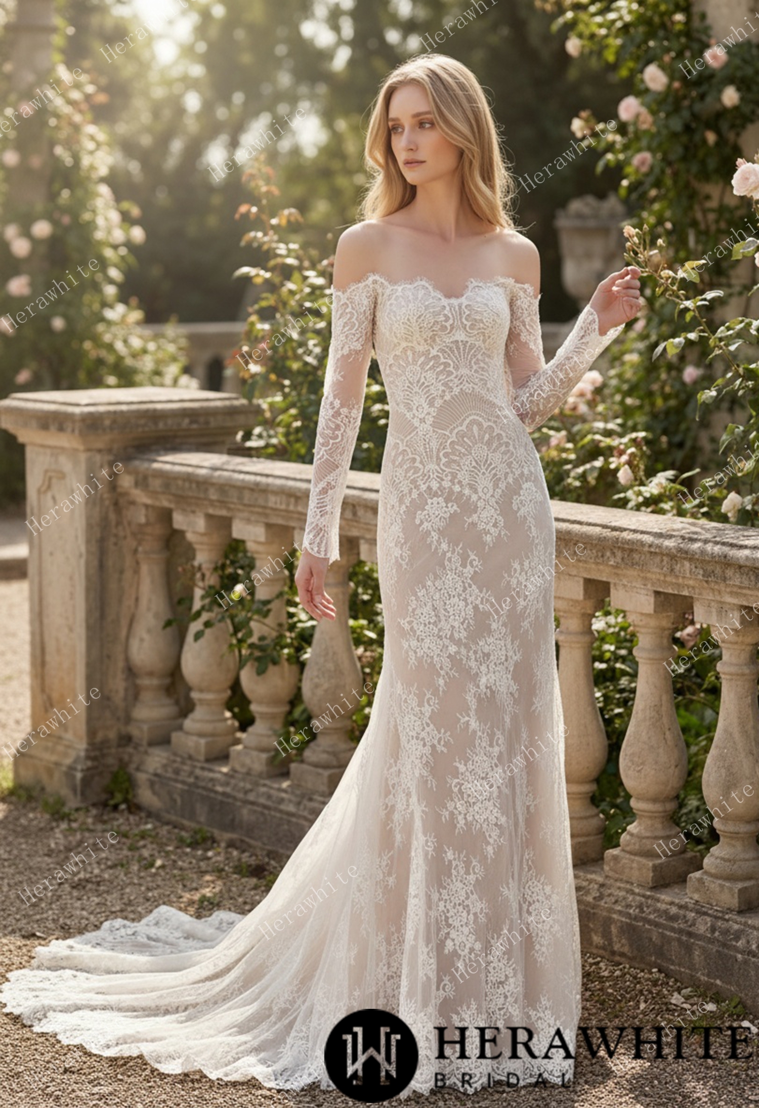 Irregular Neckline Symmetric Lace Off-the-Shoulder Long-Sleeve Bridal Gown with Detachable Tulle Over Skirt