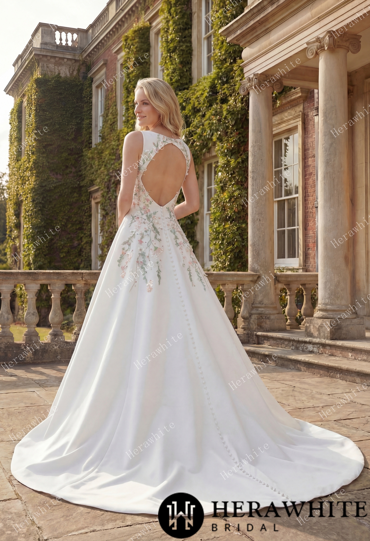 High Neck Satin Ballgown with Florals and Open Back