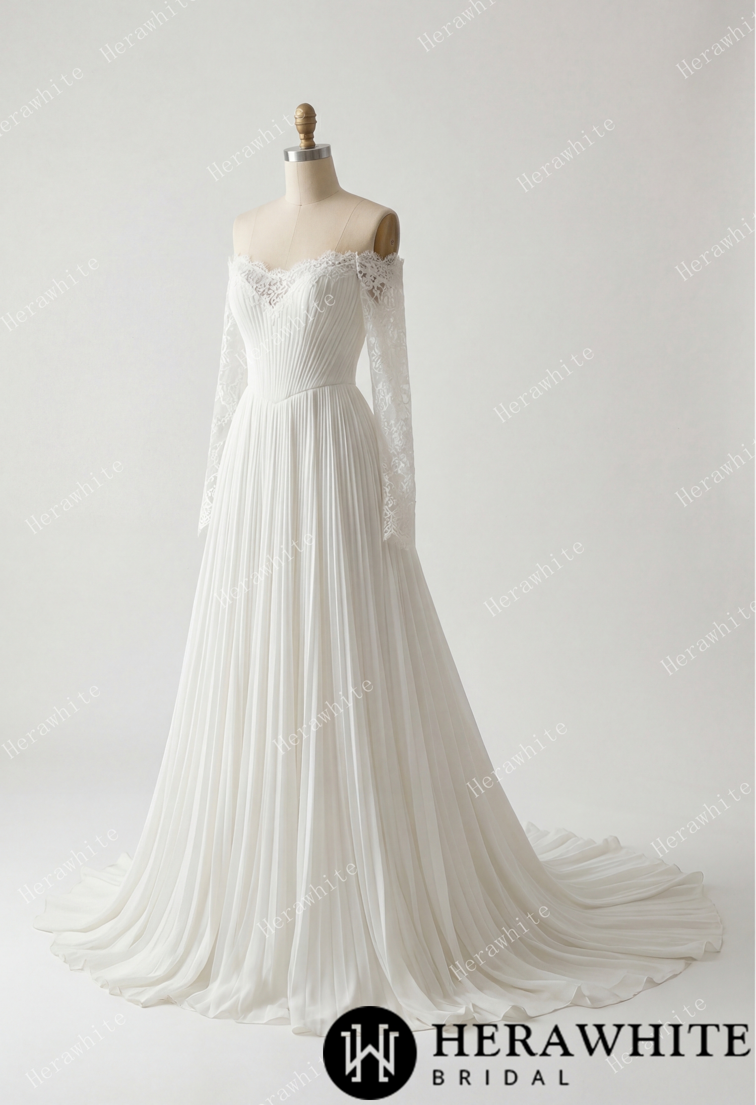 Fluid Pleated Chiffon Bridal Gown with Detachable Lace Sleeves