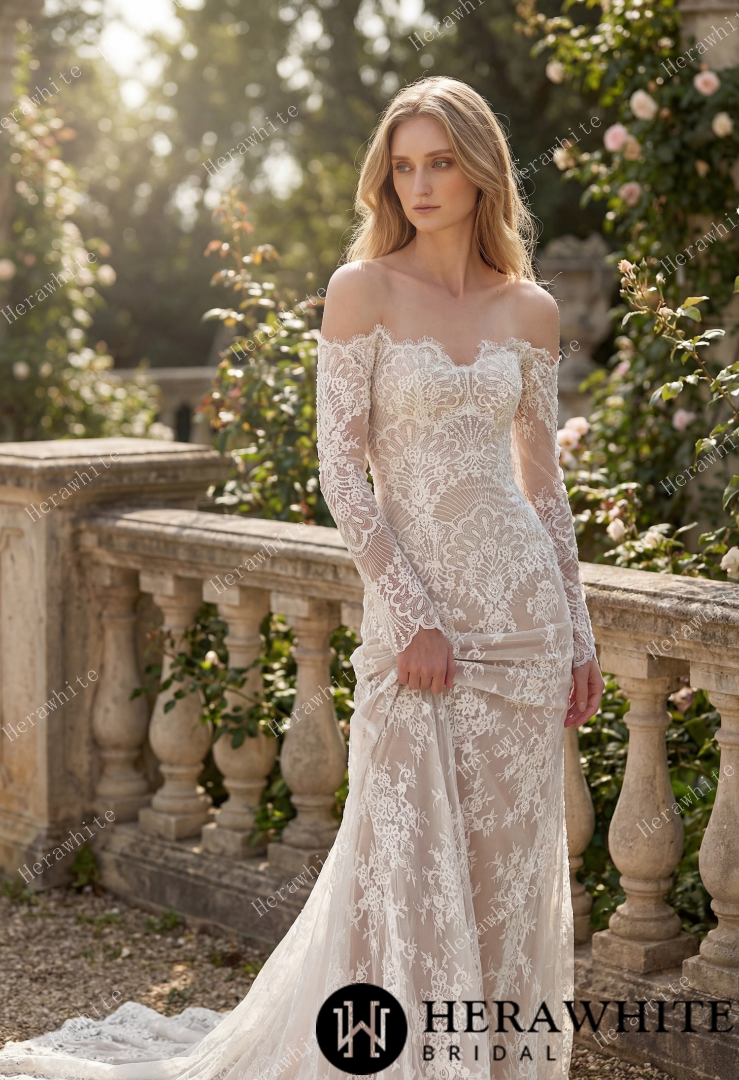 Irregular Neckline Symmetric Lace Off-the-Shoulder Long-Sleeve Bridal Gown with Detachable Tulle Over Skirt