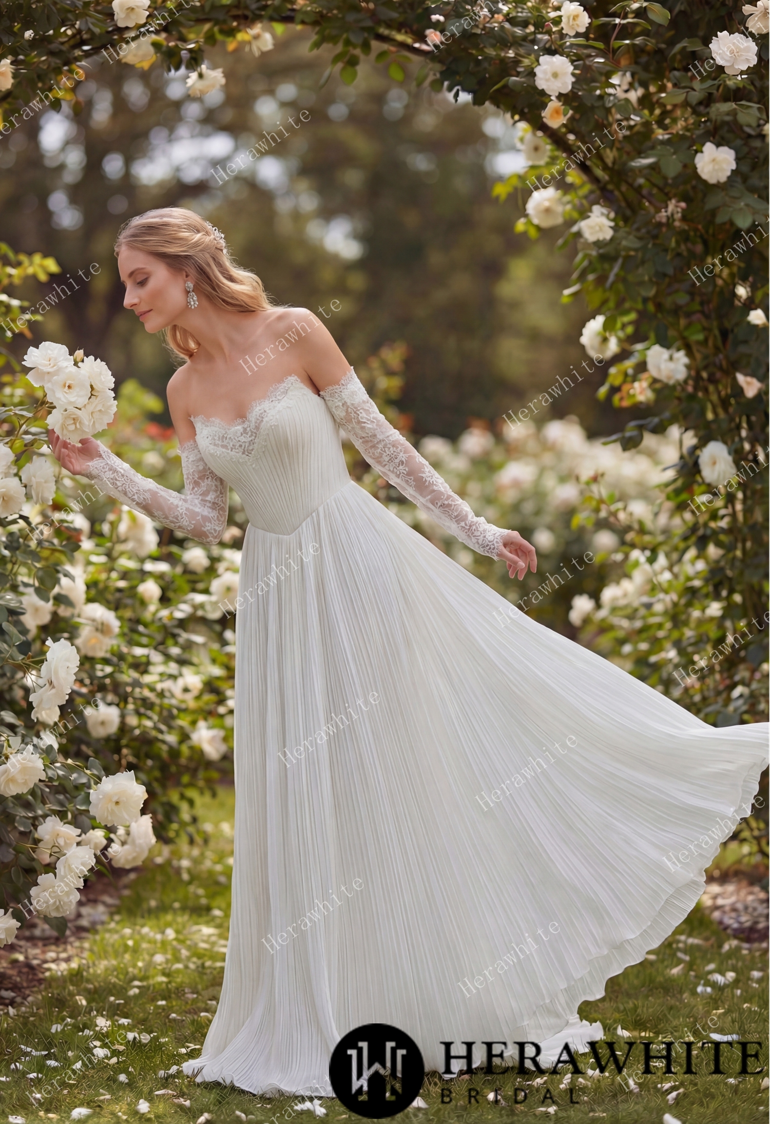 Fluid Pleated Chiffon Bridal Gown with Detachable Lace Sleeves