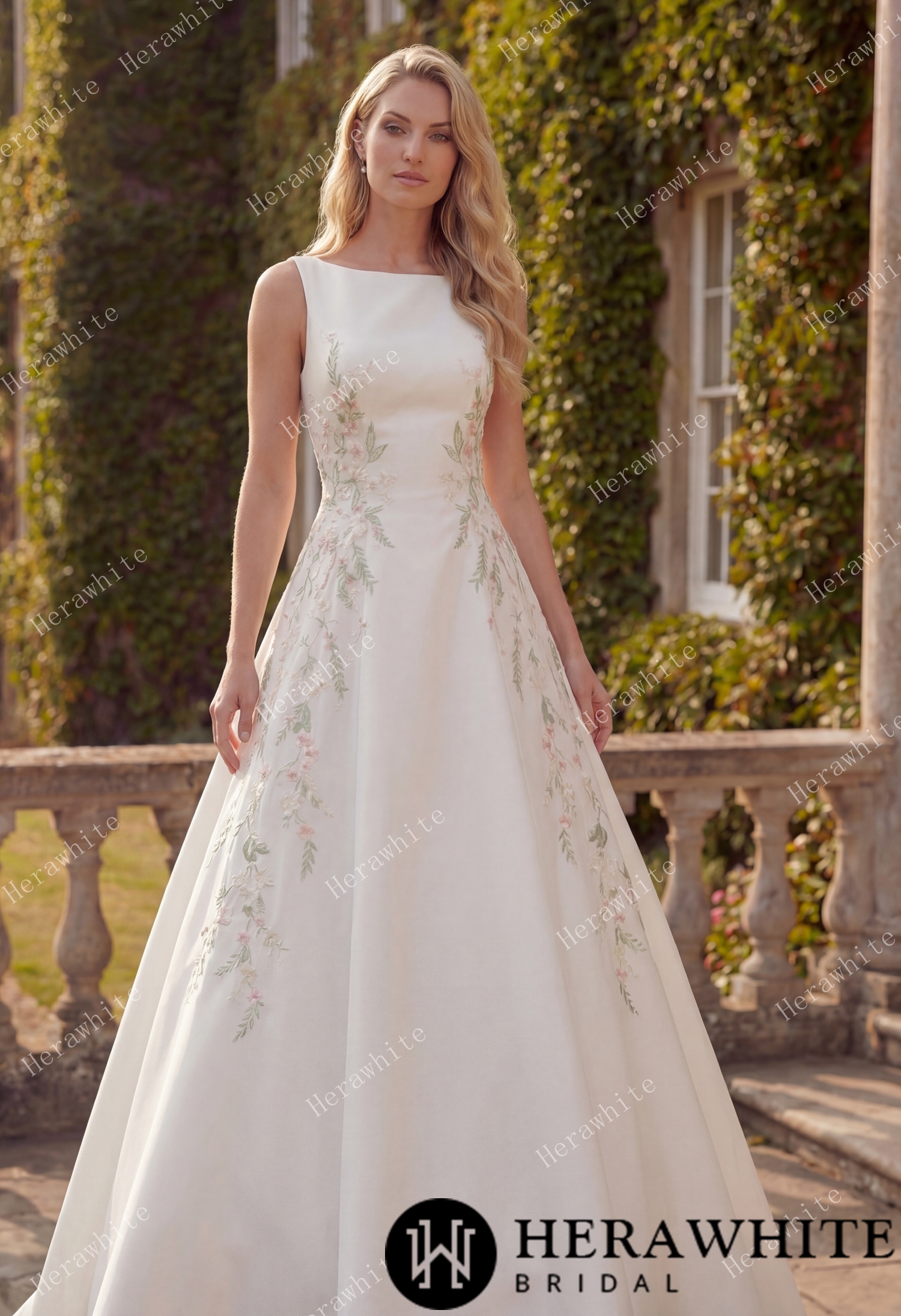 High Neck Satin Ballgown with Florals and Open Back