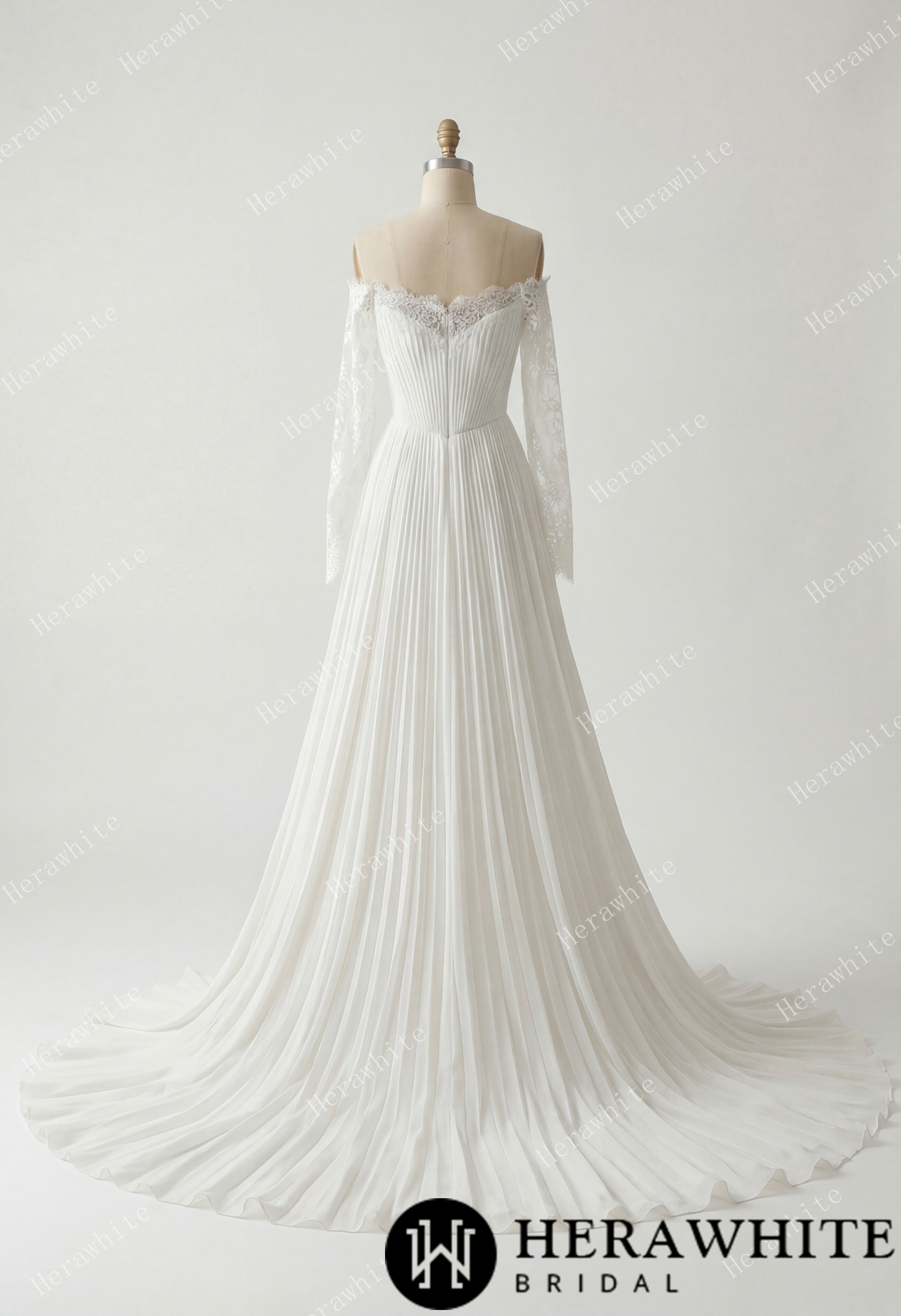 Fluid Pleated Chiffon Bridal Gown with Detachable Lace Sleeves