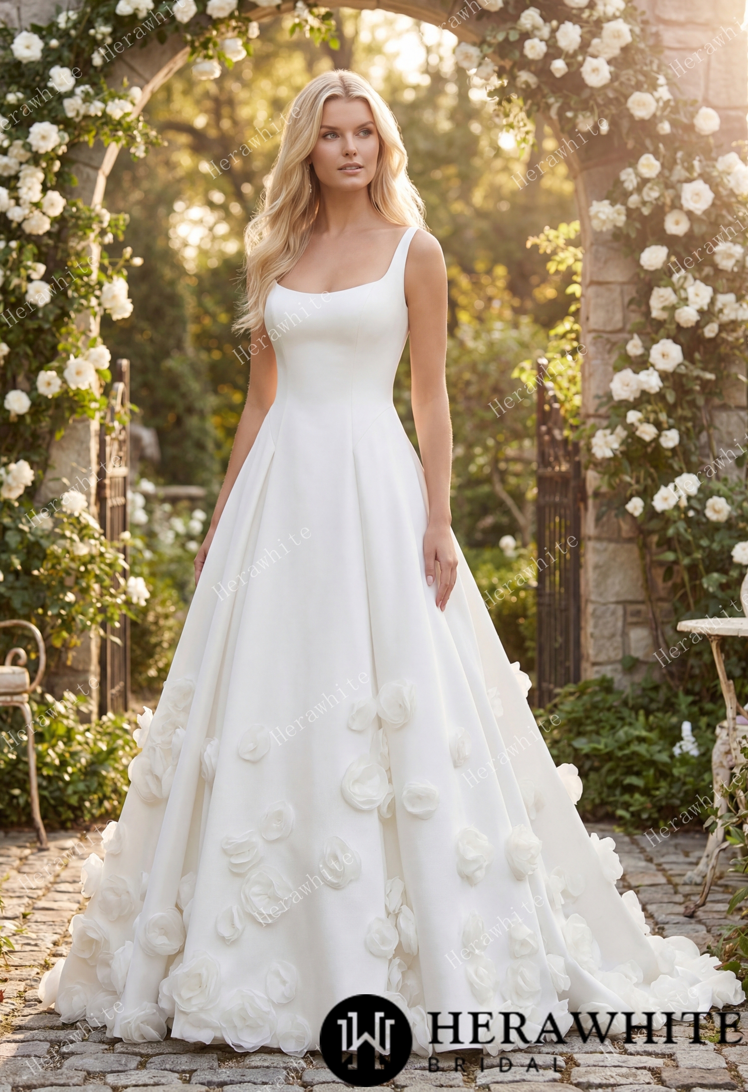 Square Neck Wide Strap Satin Bridal Gown with 3D Floral Skirt &amp; Deep U-Back