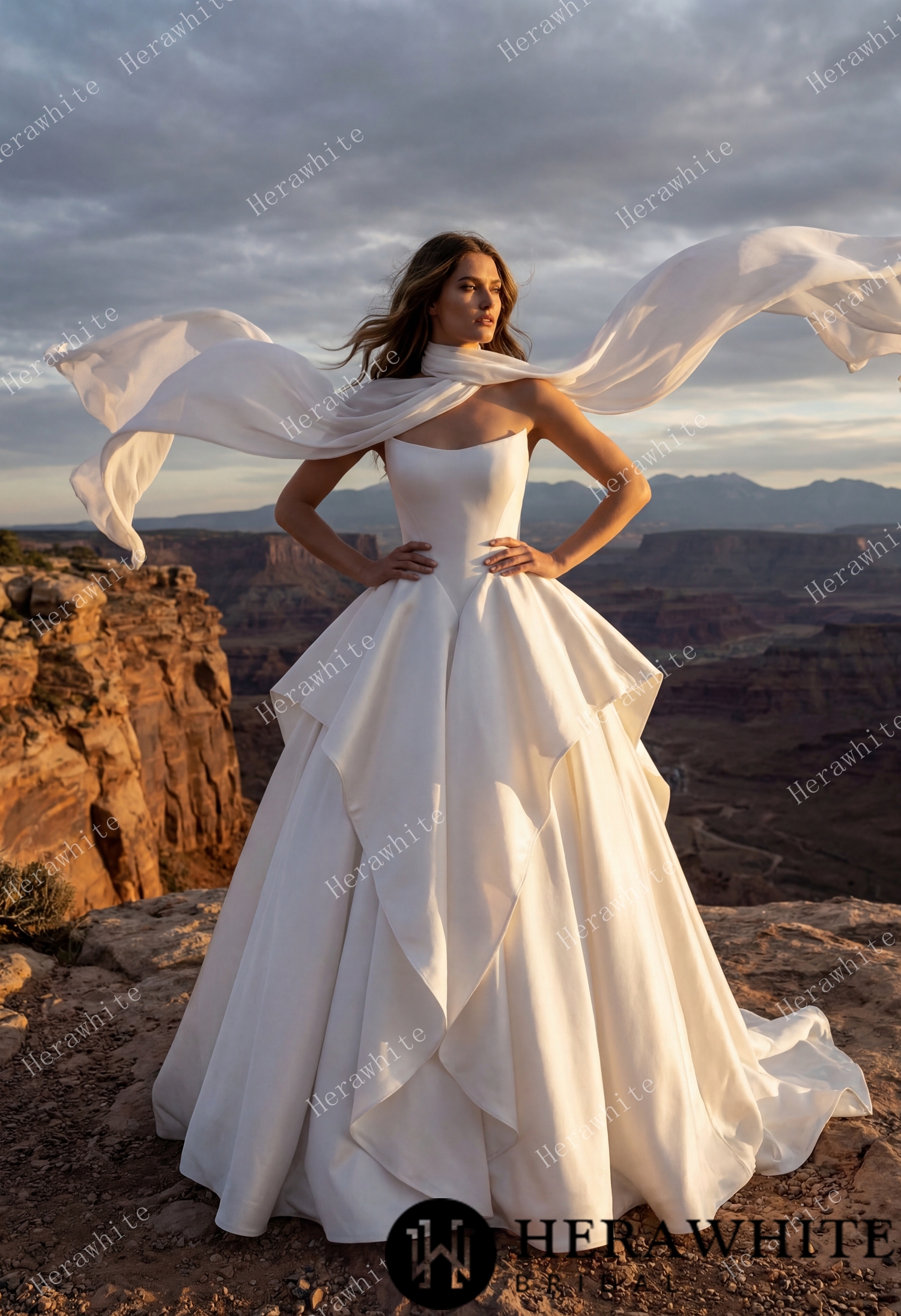 Scoop Neck Satin Bridal Gown with Asymmetric Pleats Waist &amp; Detachable Scarf