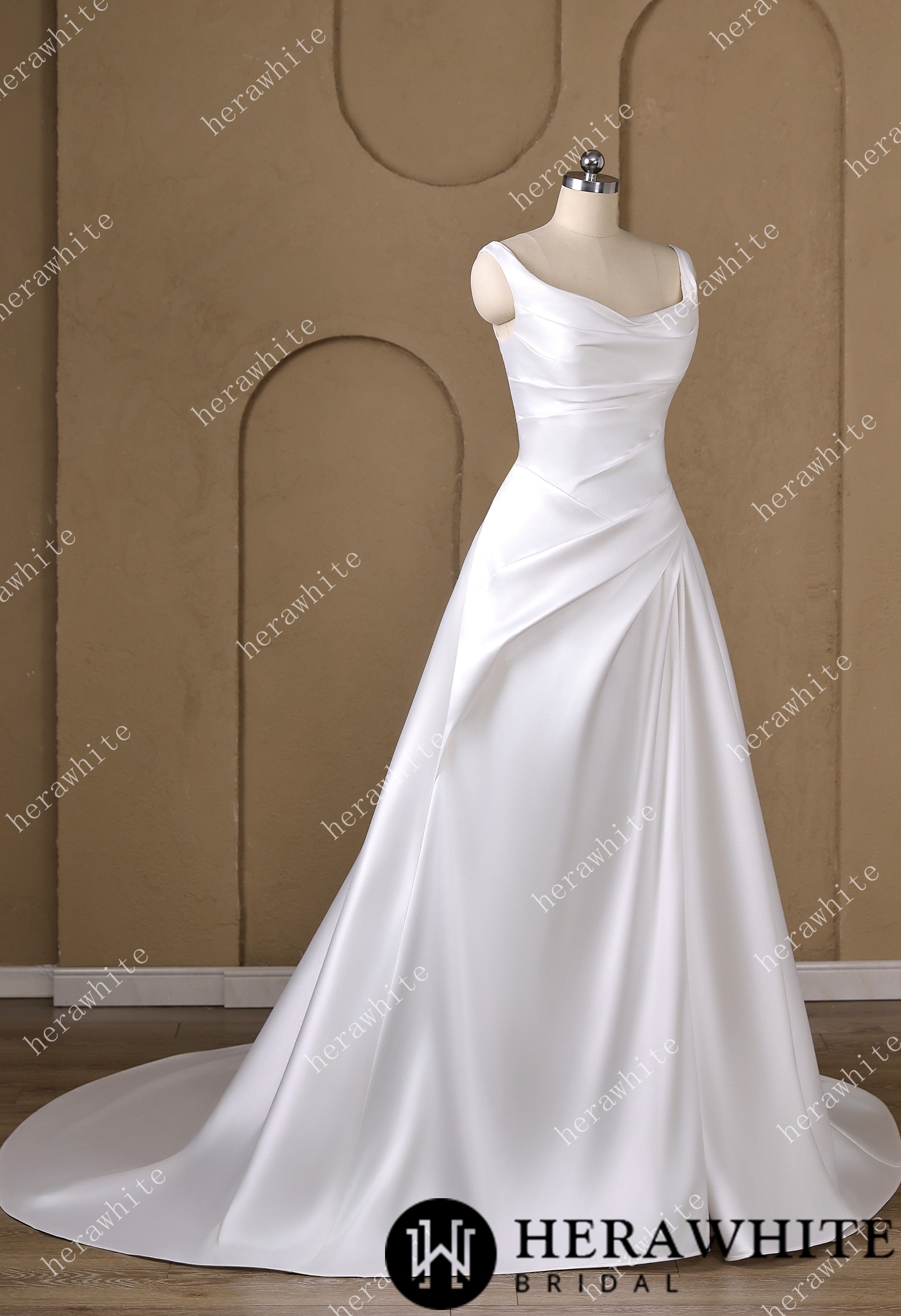 In Stock / A  heart-shaped neckline framed by wide Strap Draped Satin A-Line Wedding Dress