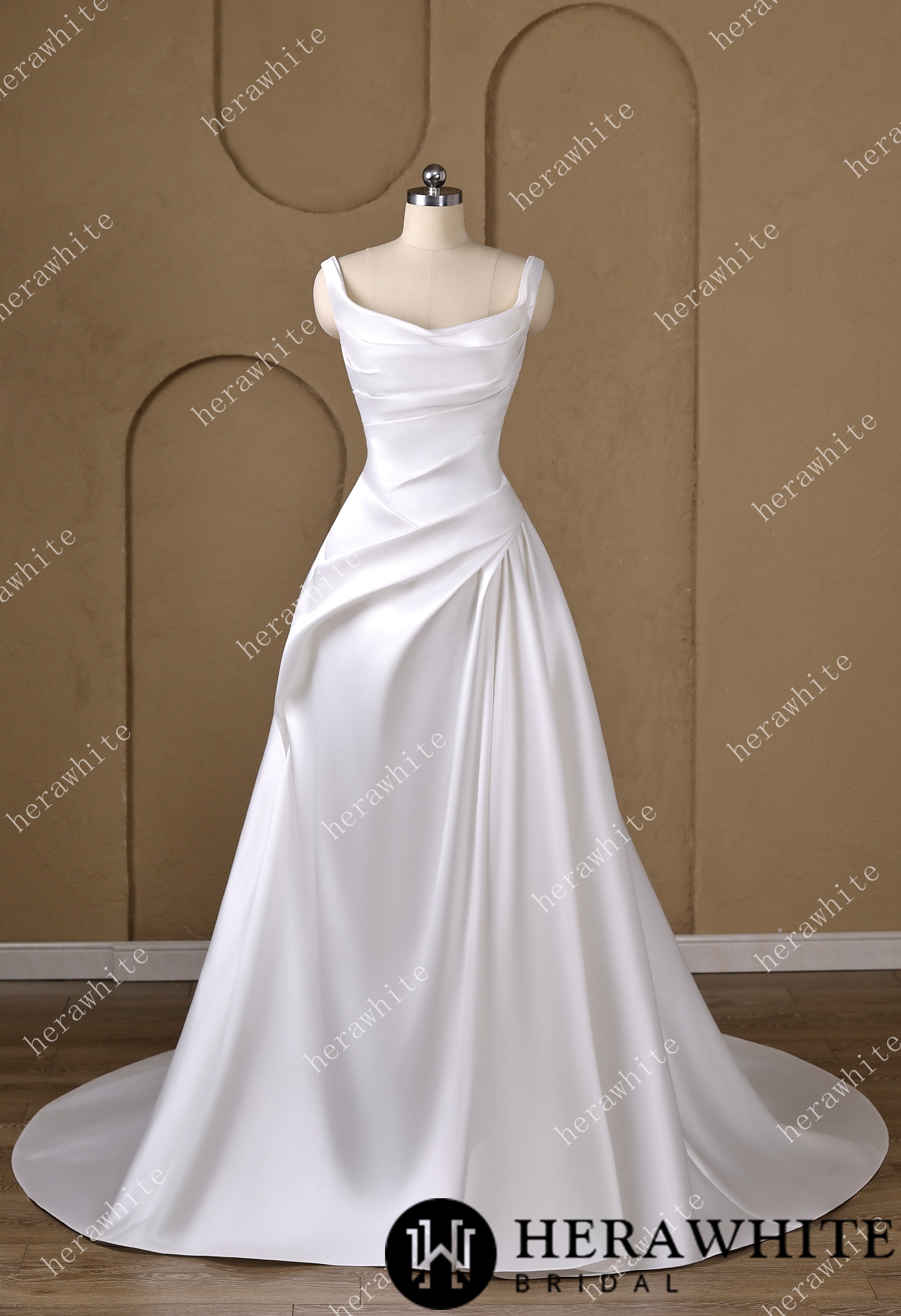 In Stock / A  heart-shaped neckline framed by wide Strap Draped Satin A-Line Wedding Dress