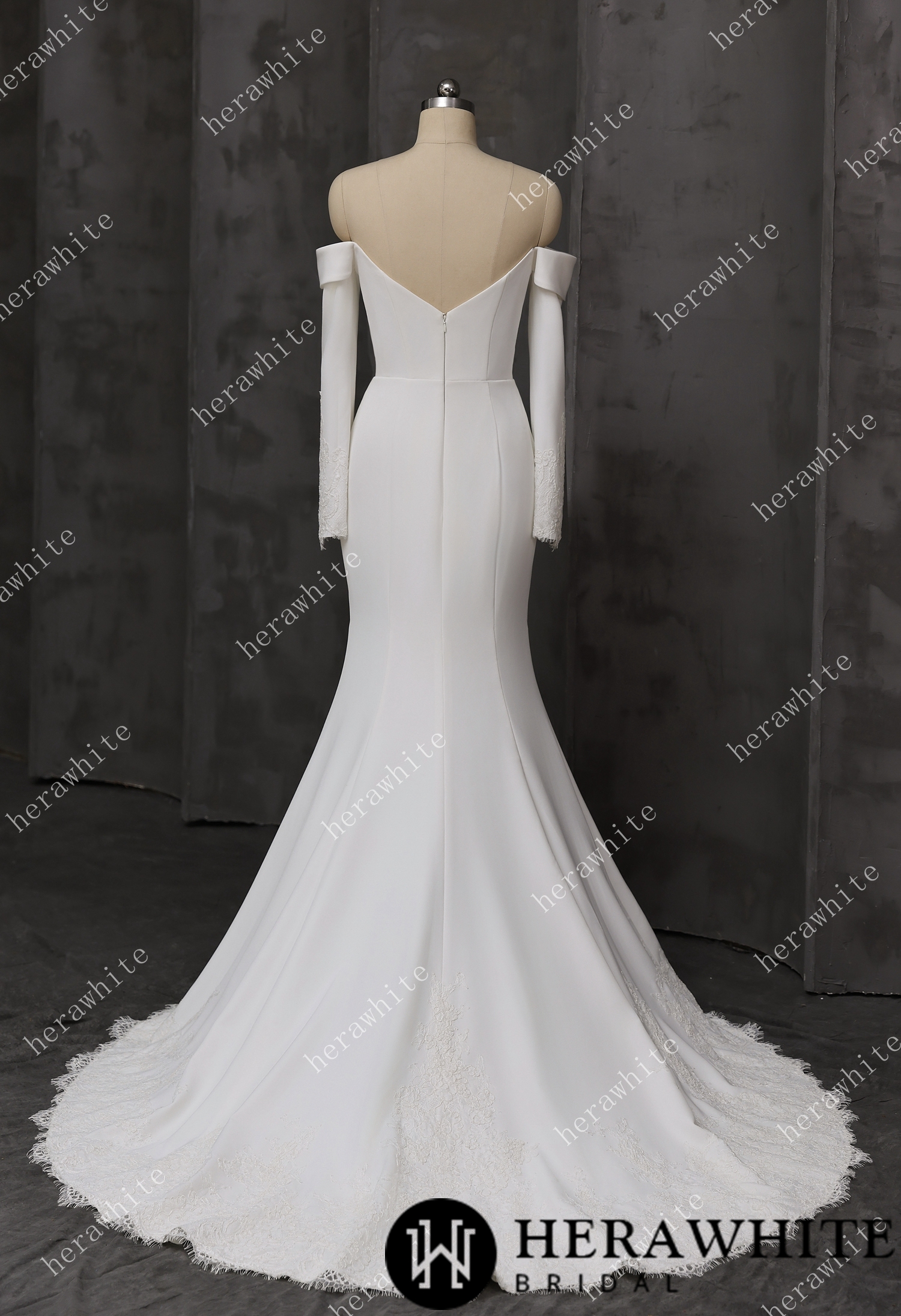 In Stock/ Elegant Off-Shoulder Mermaid Wedding Dress with Long Sleeves and Lace Train