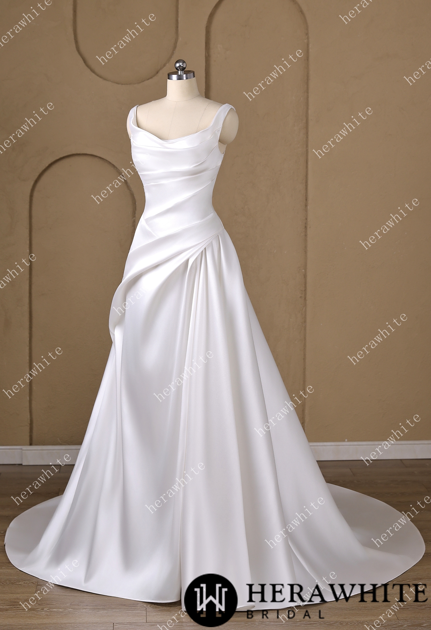 In Stock / A  heart-shaped neckline framed by wide Strap Draped Satin A-Line Wedding Dress