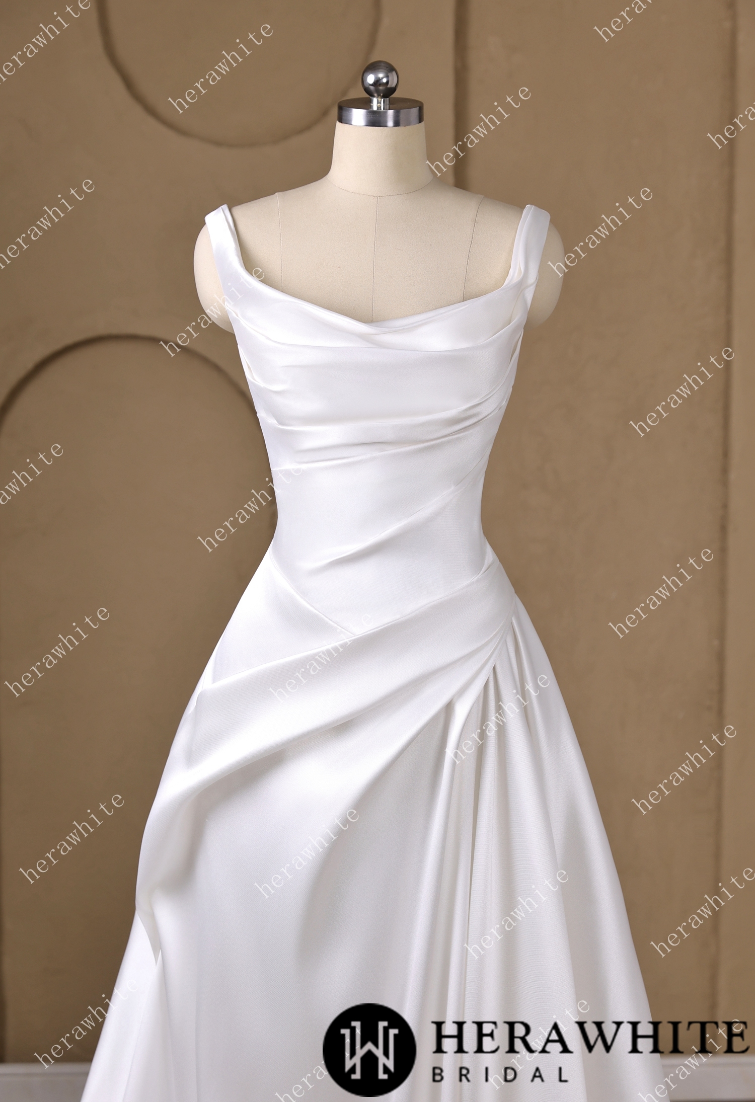 In Stock / A  heart-shaped neckline framed by wide Strap Draped Satin A-Line Wedding Dress
