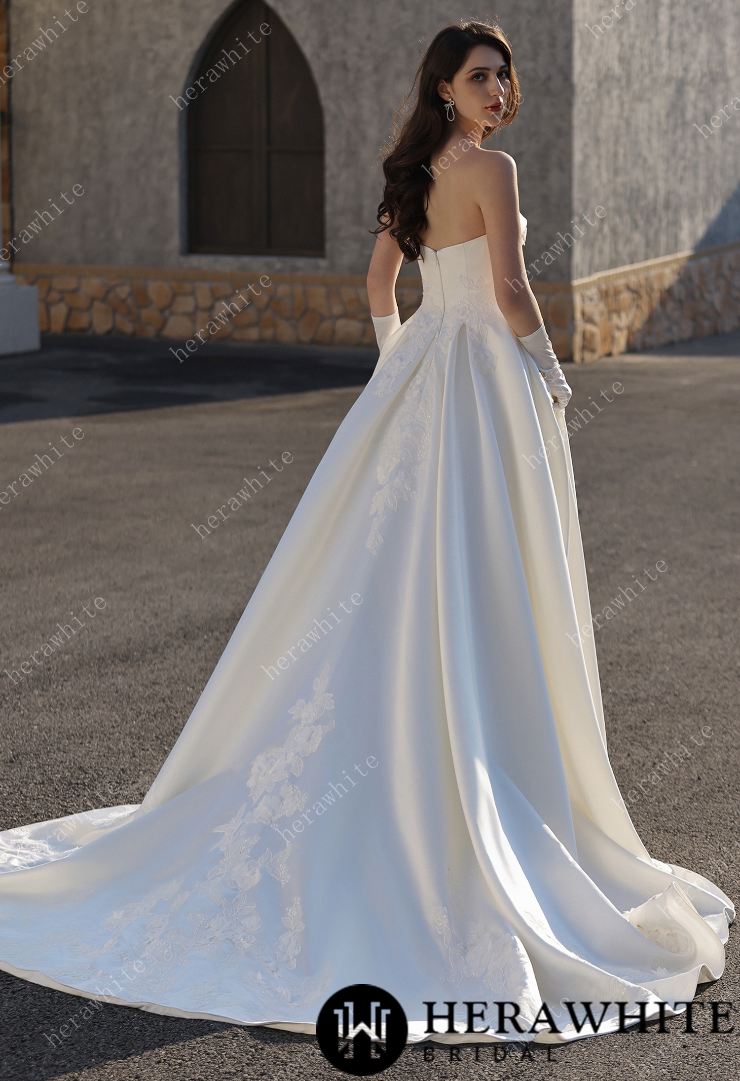 In Stock / Strapless Satin Ballgown With  3D -Embroidered Floral Accents