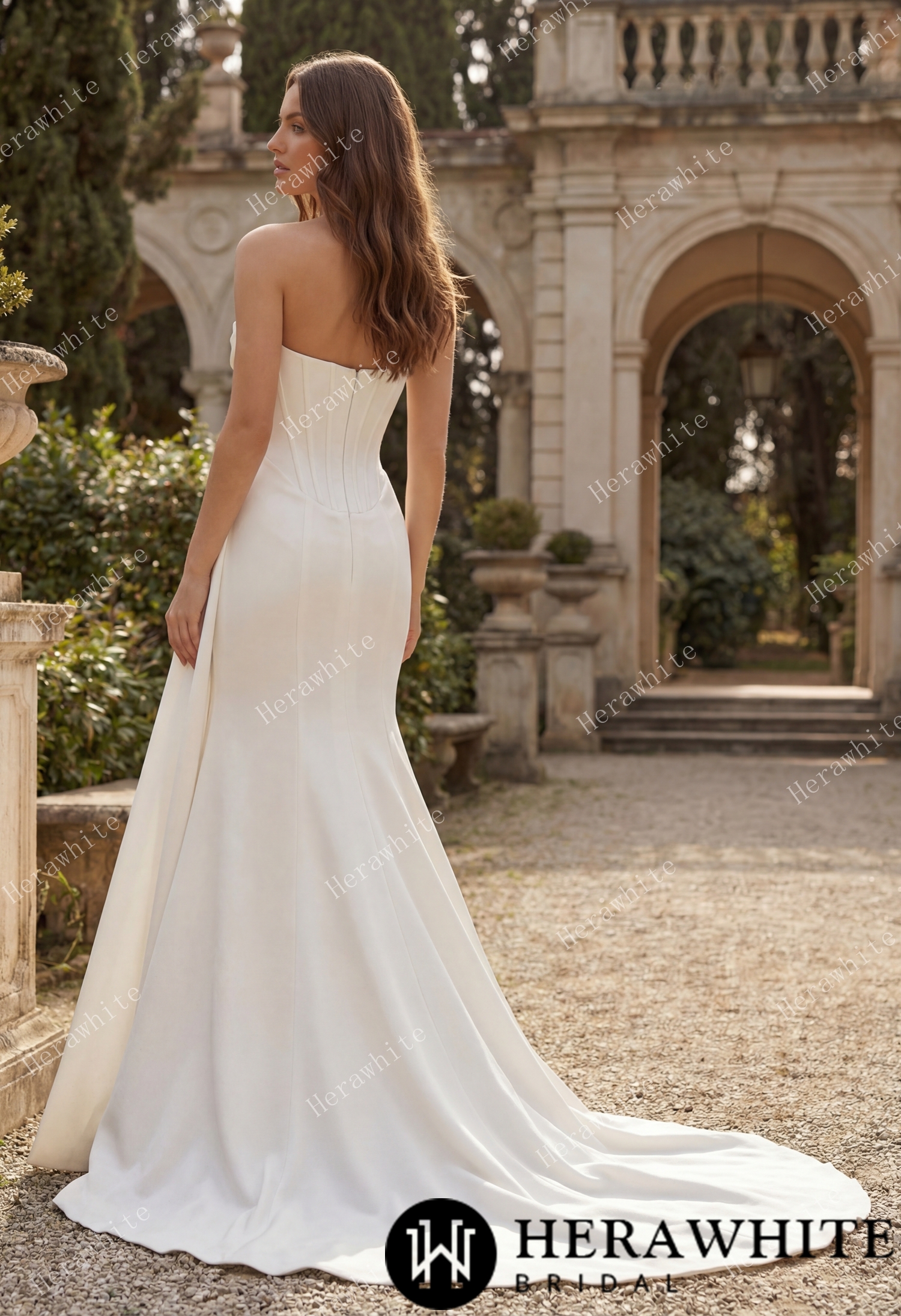 In Stock/ Strapless Cowl Neck Corset Satin Wedding Dress with High Slit & Sweep Train