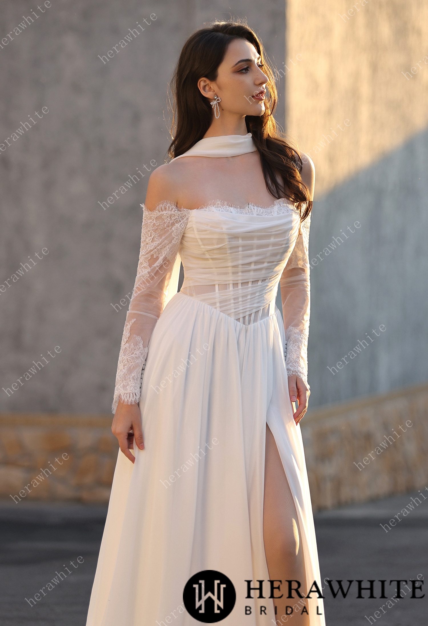 In Stock / Airy Elegance Basque Waistline Tulle Gown With Lace Sleeves & Thigh-High Slit