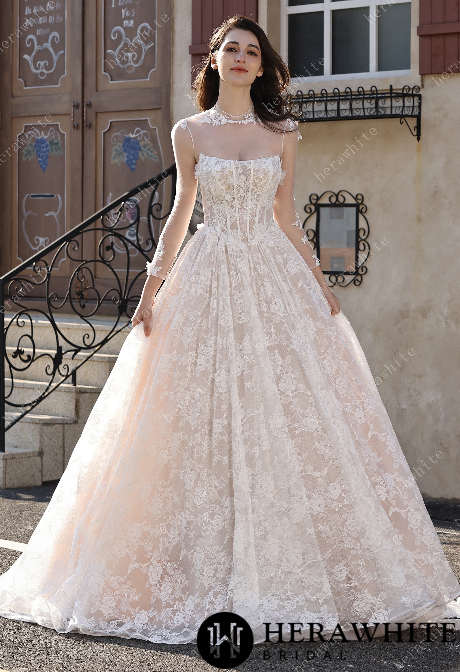 In Stock /  Ethereal Cat Eye Neckline Lace Ballgown Wedding With 3-D Flower Accents