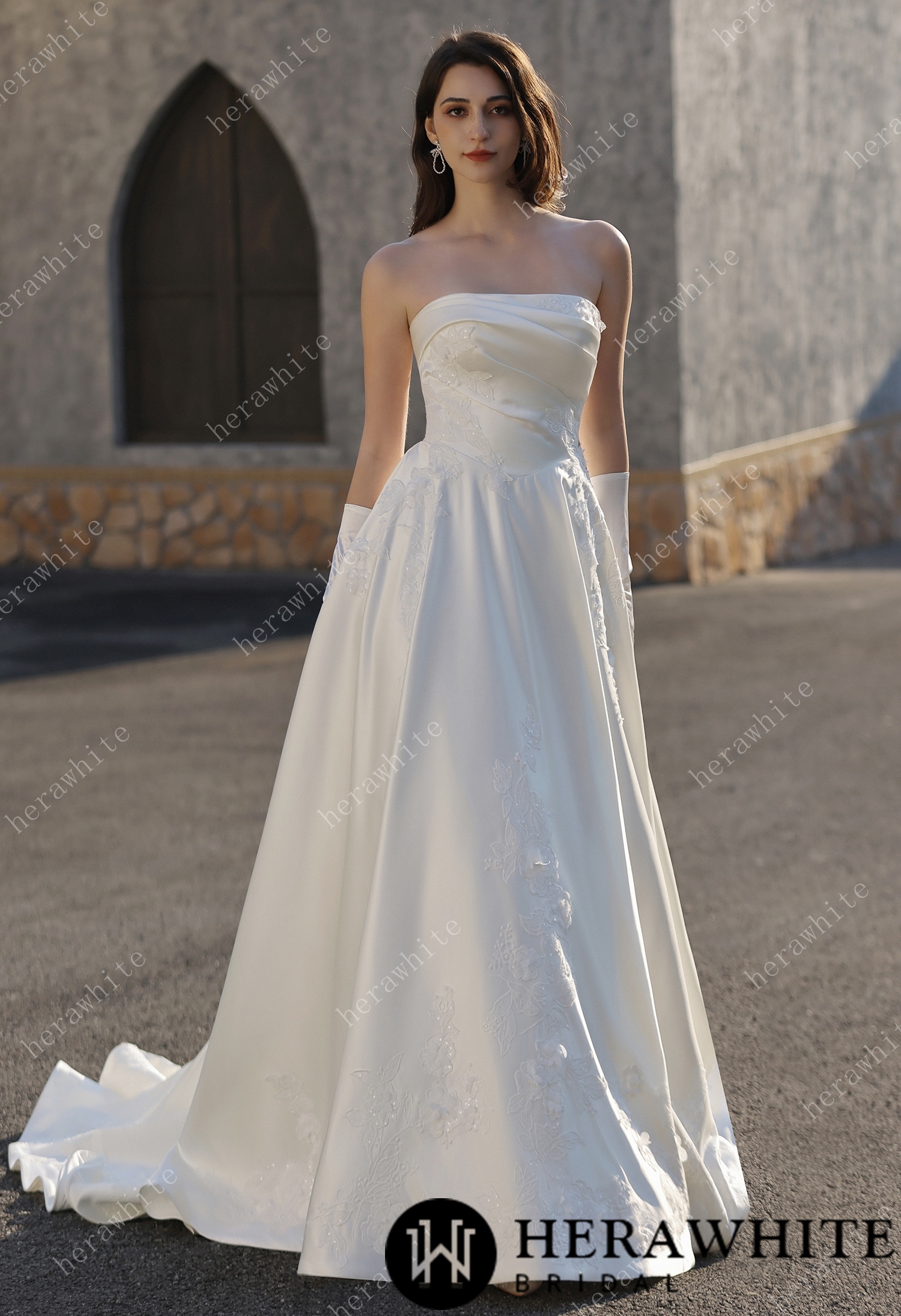In Stock / Strapless Satin Ballgown With  3D -Embroidered Floral Accents