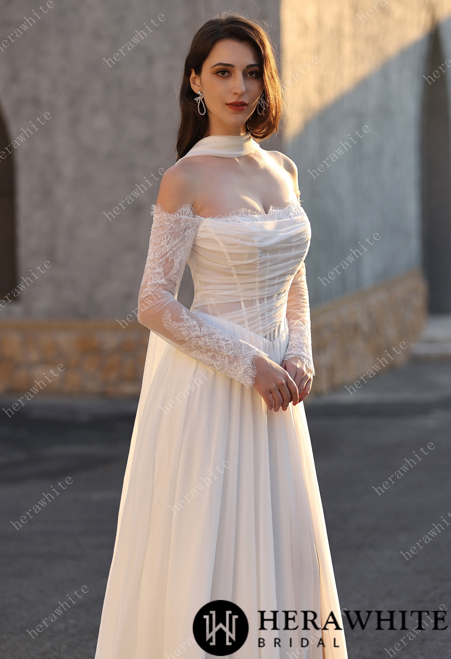 In Stock / Airy Elegance Basque Waistline Tulle Gown With Lace Sleeves & Thigh-High Slit