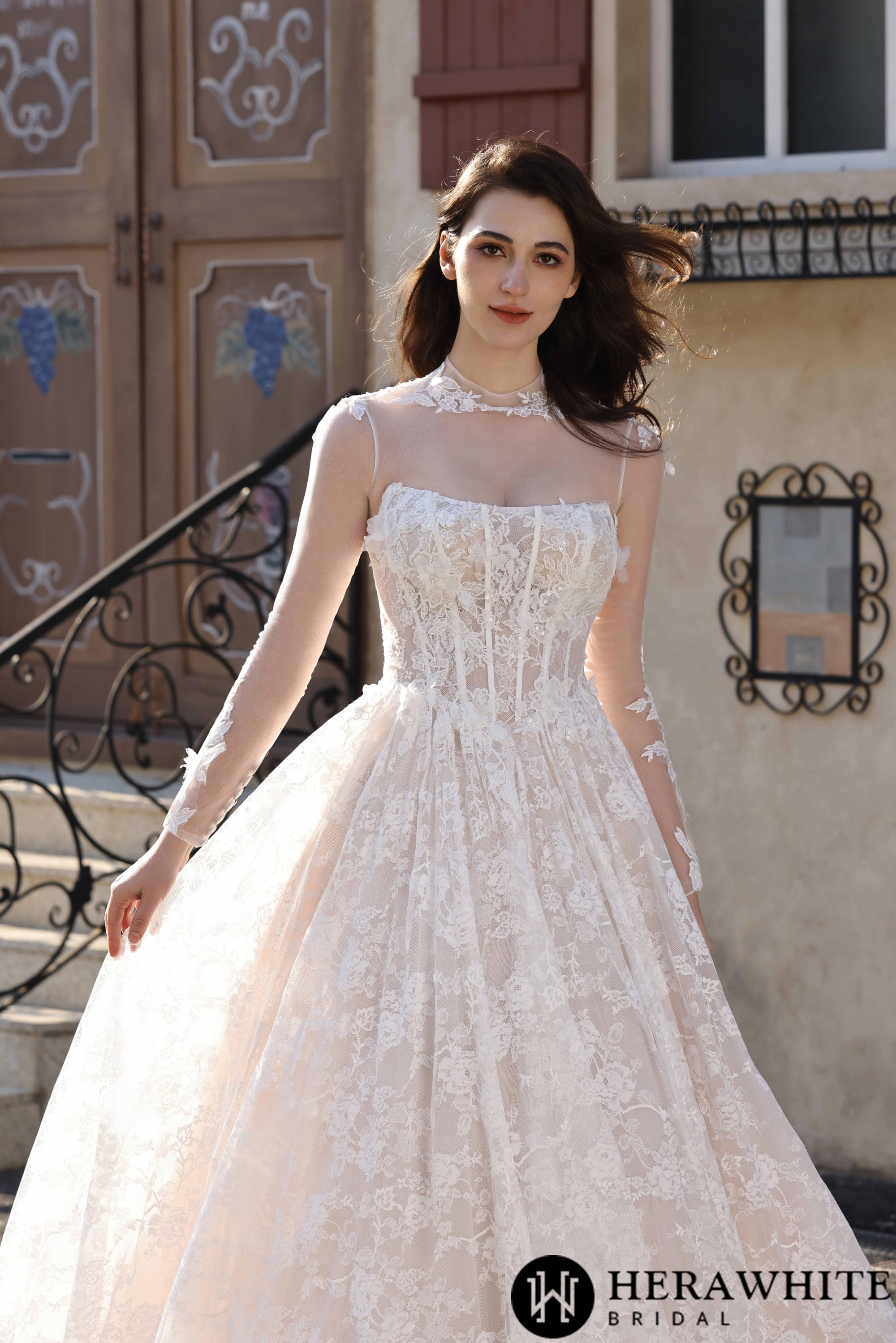 In Stock /  Ethereal Cat Eye Neckline Lace Ballgown Wedding With 3-D Flower Accents