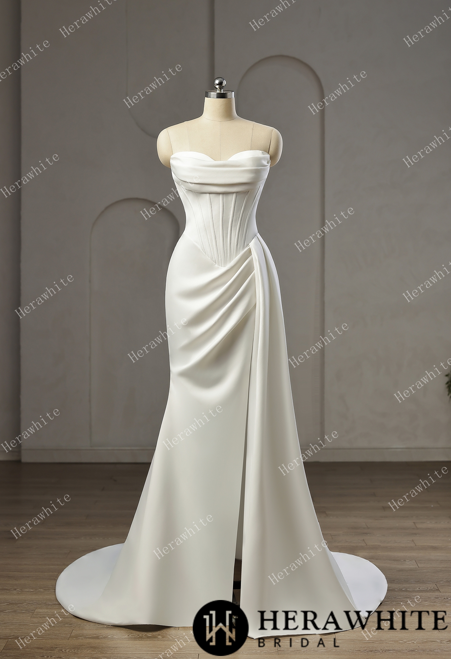 In Stock/ Strapless Cowl Neck Corset Satin Wedding Dress with High Slit & Sweep Train