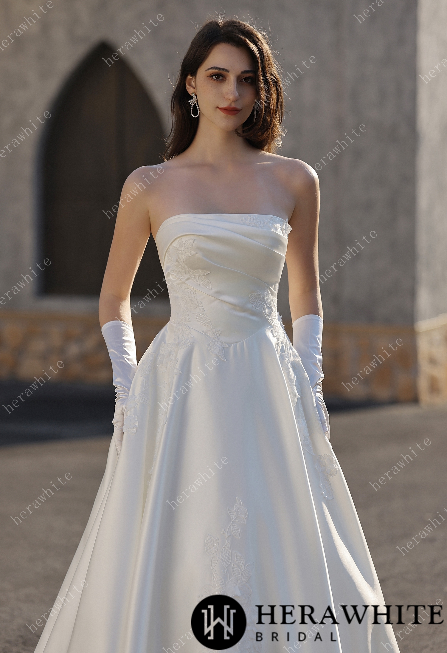 In Stock / Strapless Satin Ballgown With  3D -Embroidered Floral Accents
