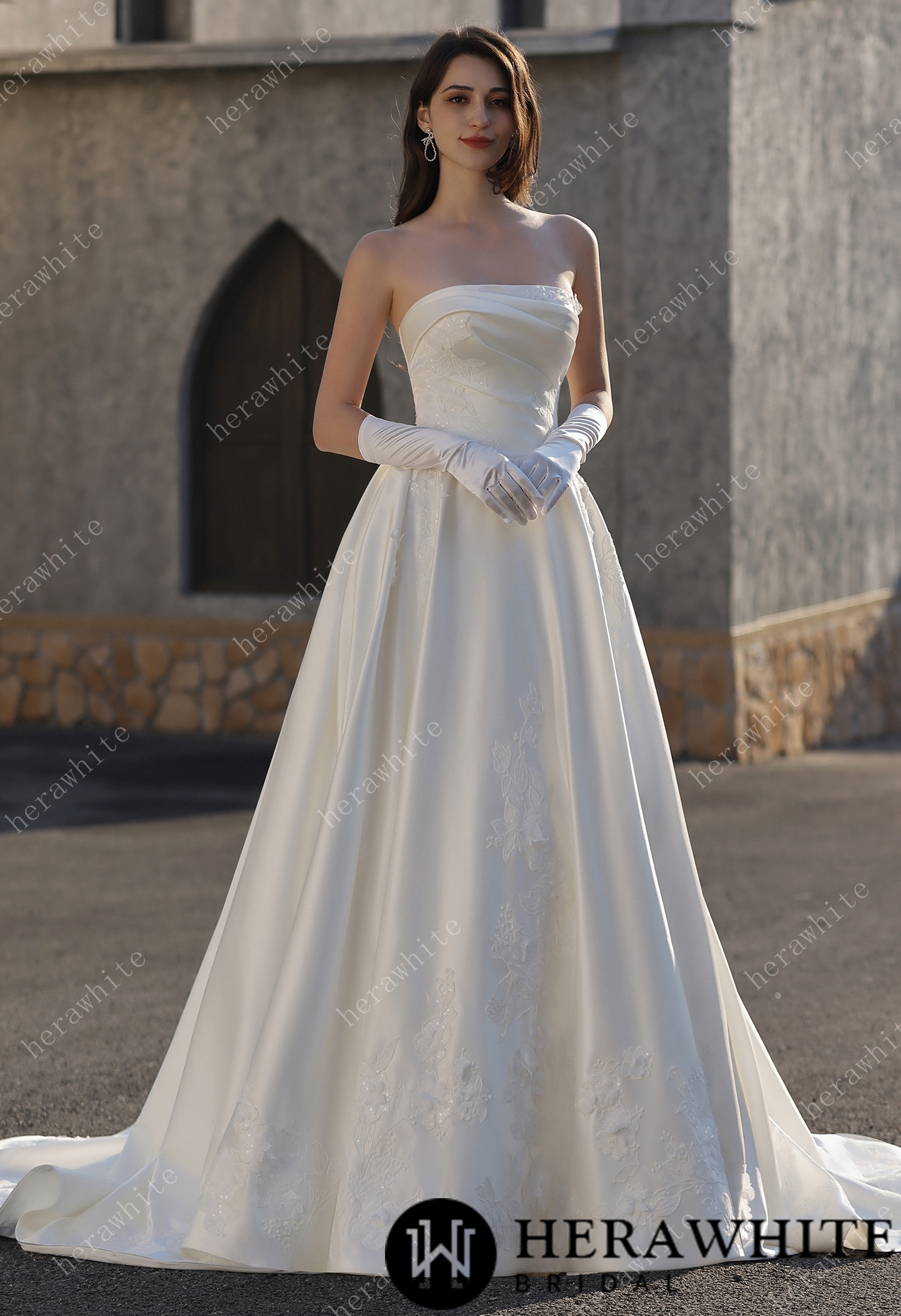 In Stock / Strapless Satin Ballgown With  3D -Embroidered Floral Accents