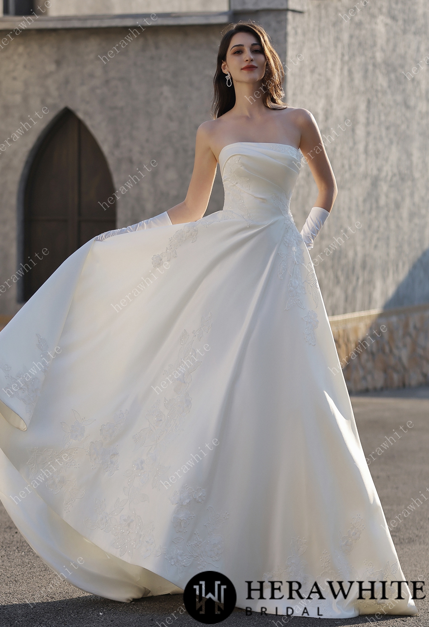 In Stock / Strapless Satin Ballgown With  3D -Embroidered Floral Accents