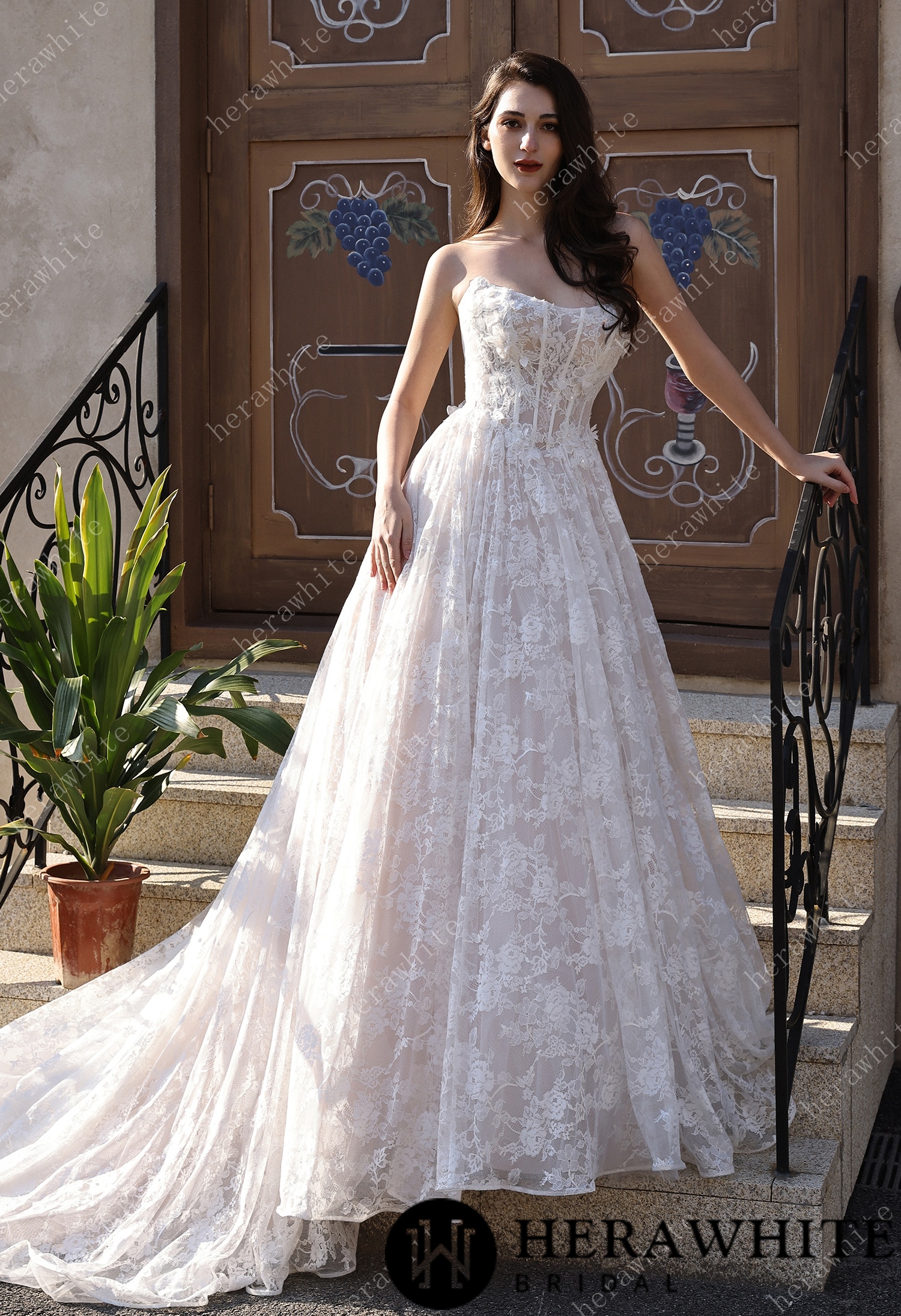 In Stock /  Ethereal Cat Eye Neckline Lace Ballgown Wedding With 3-D Flower Accents