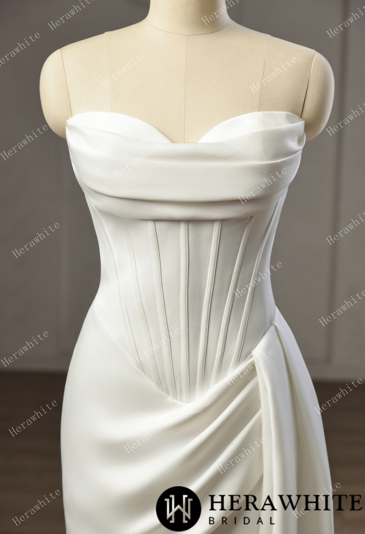 In Stock/ Strapless Cowl Neck Corset Satin Wedding Dress with High Slit & Sweep Train