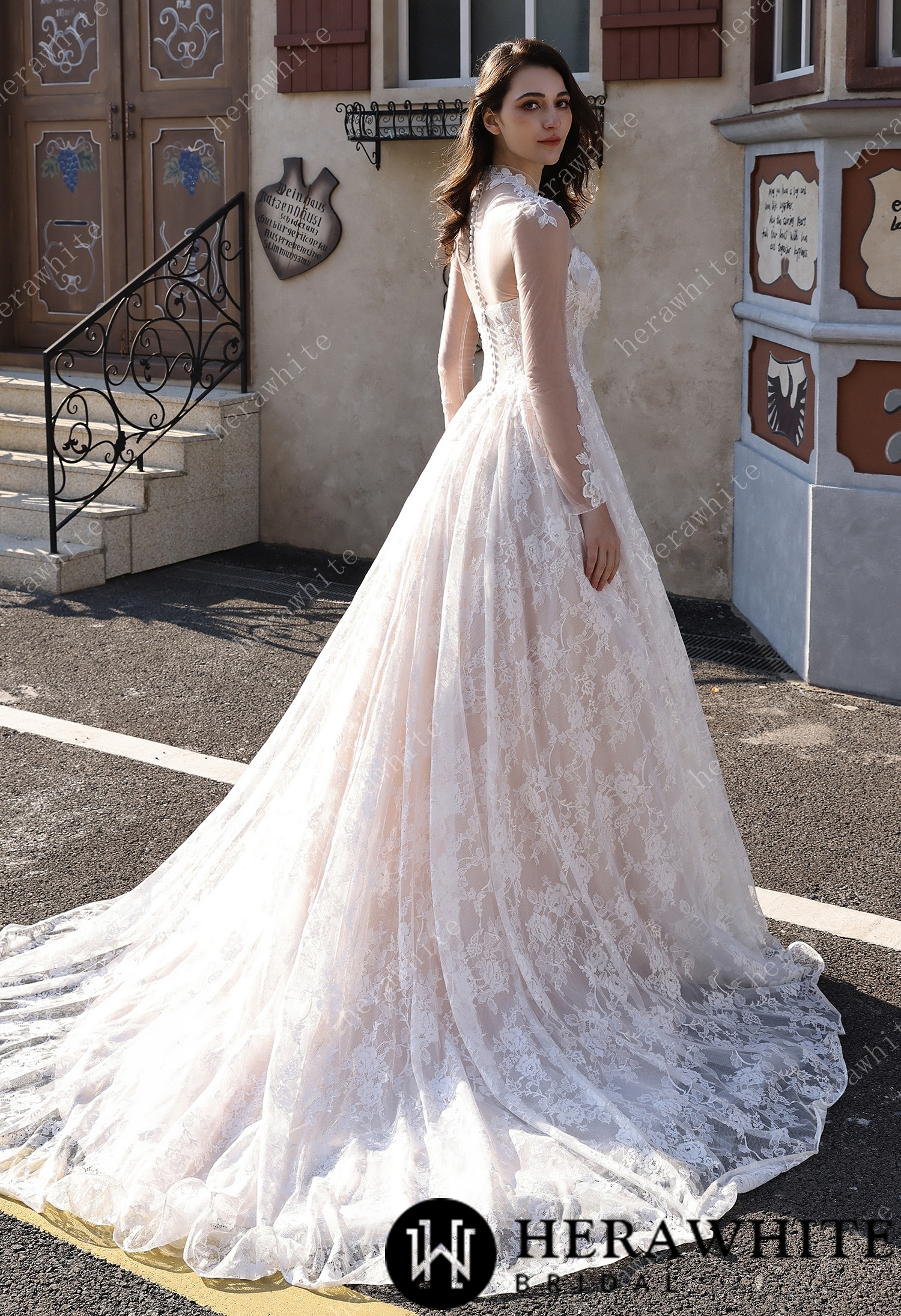 In Stock /  Ethereal Cat Eye Neckline Lace Ballgown Wedding With 3-D Flower Accents