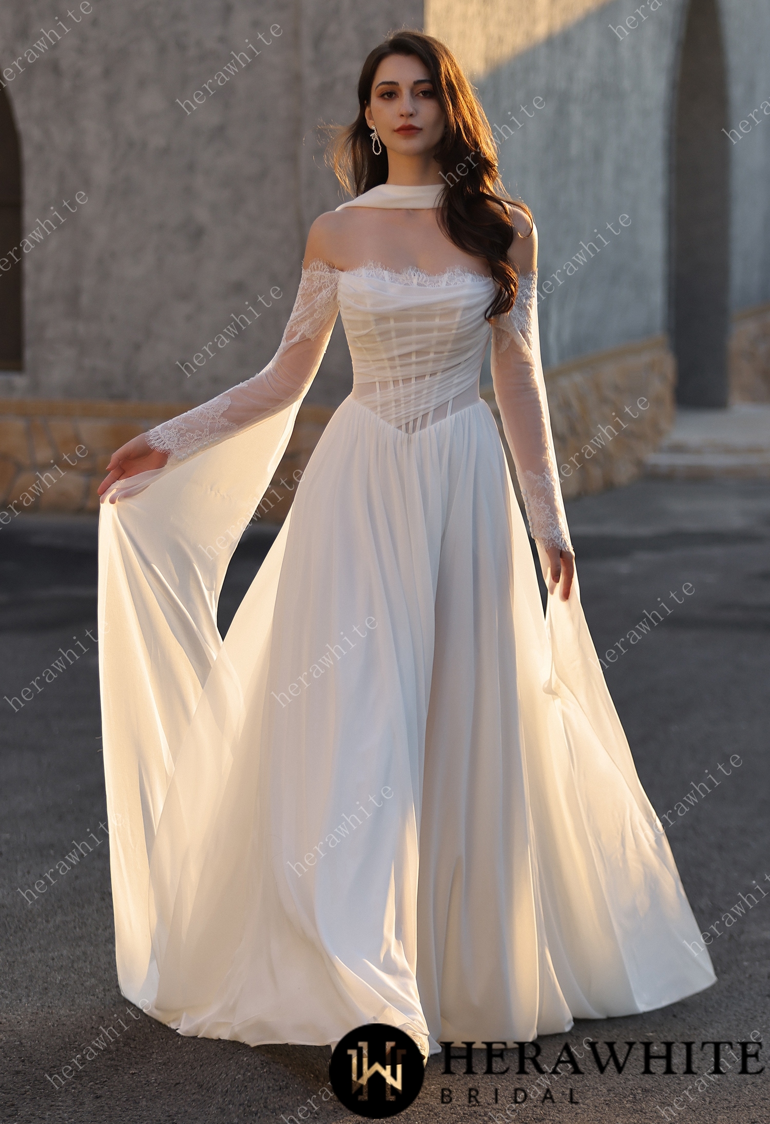 In Stock / Airy Elegance Basque Waistline Tulle Gown With Lace Sleeves & Thigh-High Slit