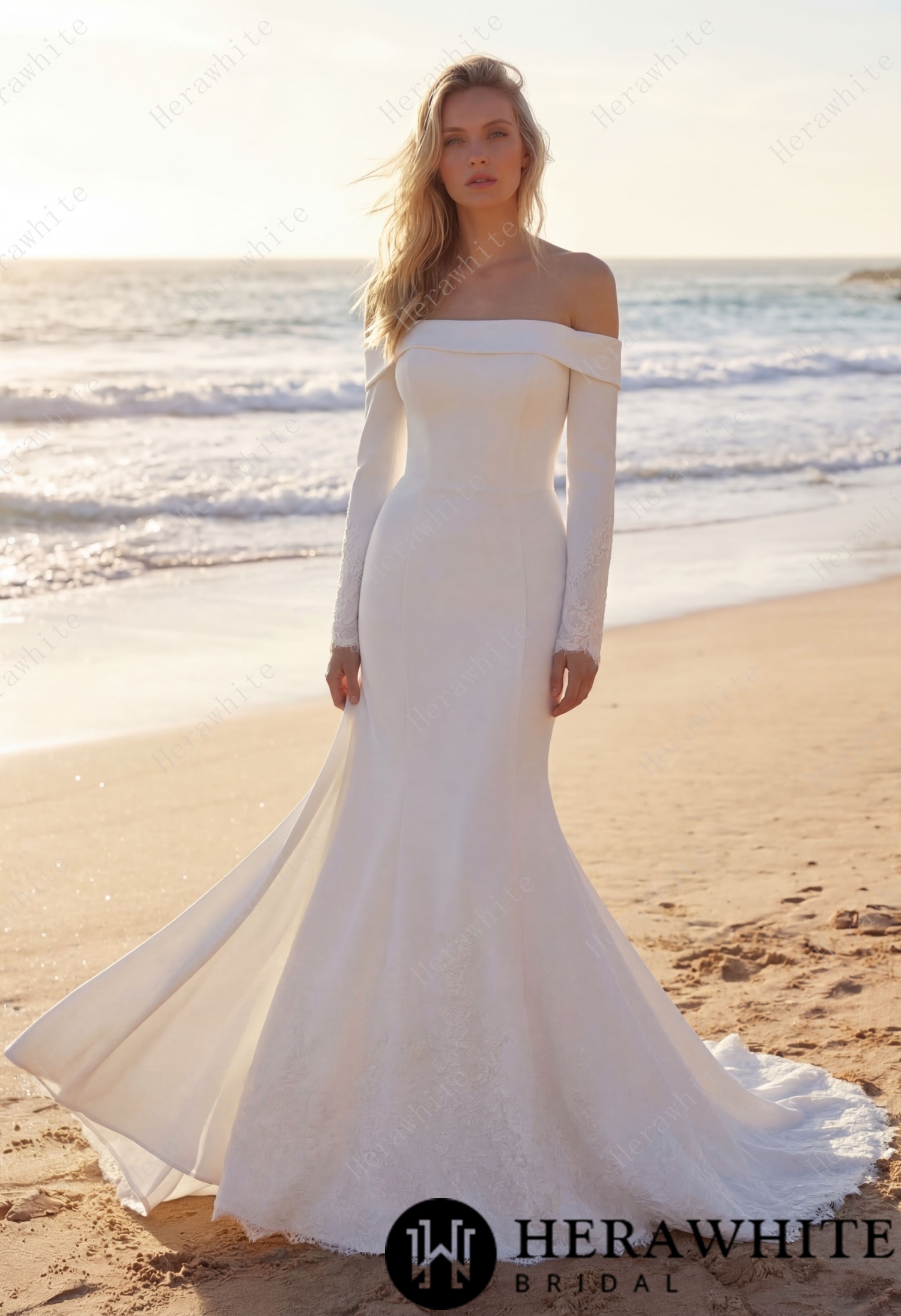 In Stock/ Elegant Off-Shoulder Mermaid Wedding Dress with Long Sleeves and Lace Train