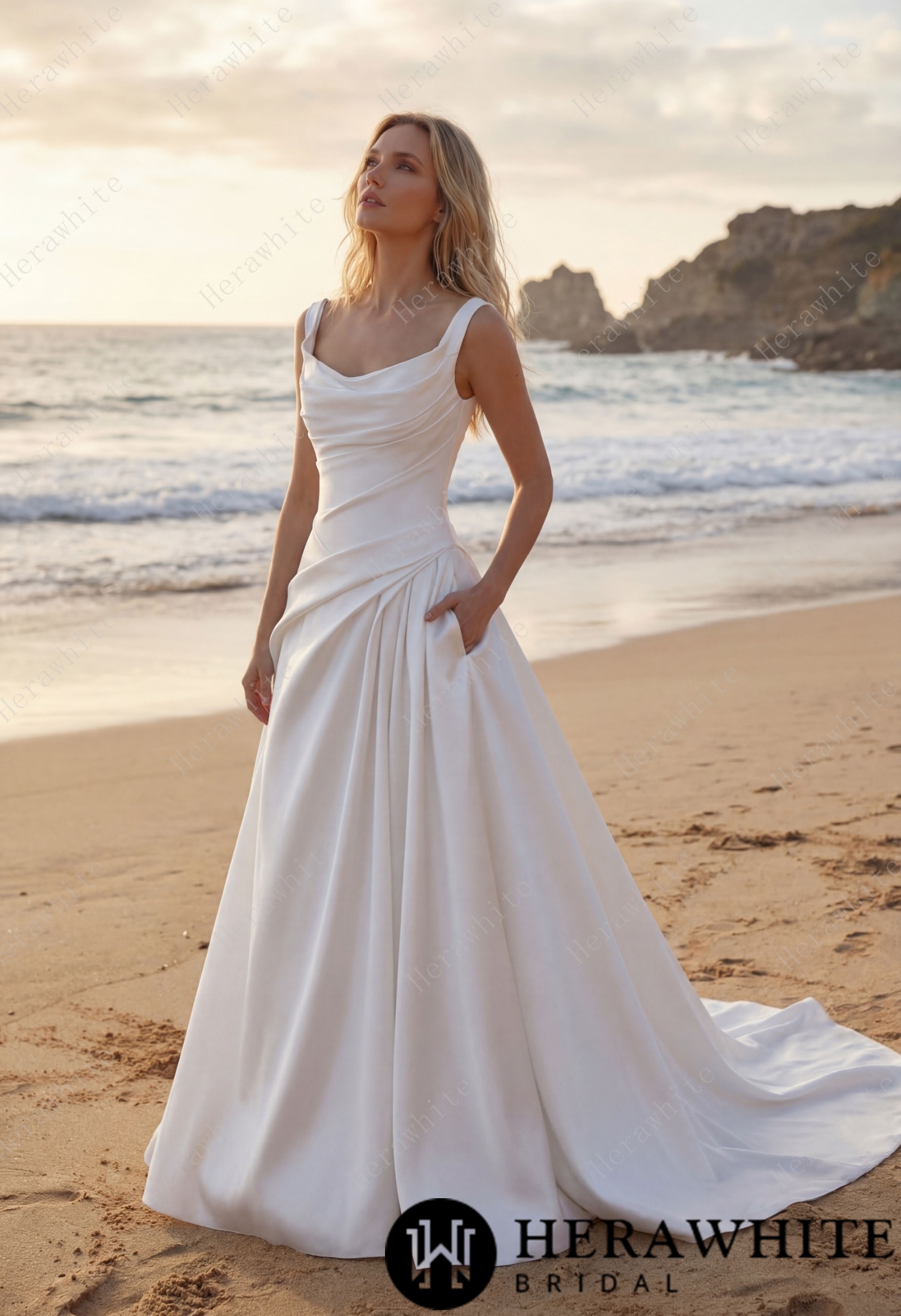 In Stock / A  heart-shaped neckline framed by wide Strap Draped Satin A-Line Wedding Dress
