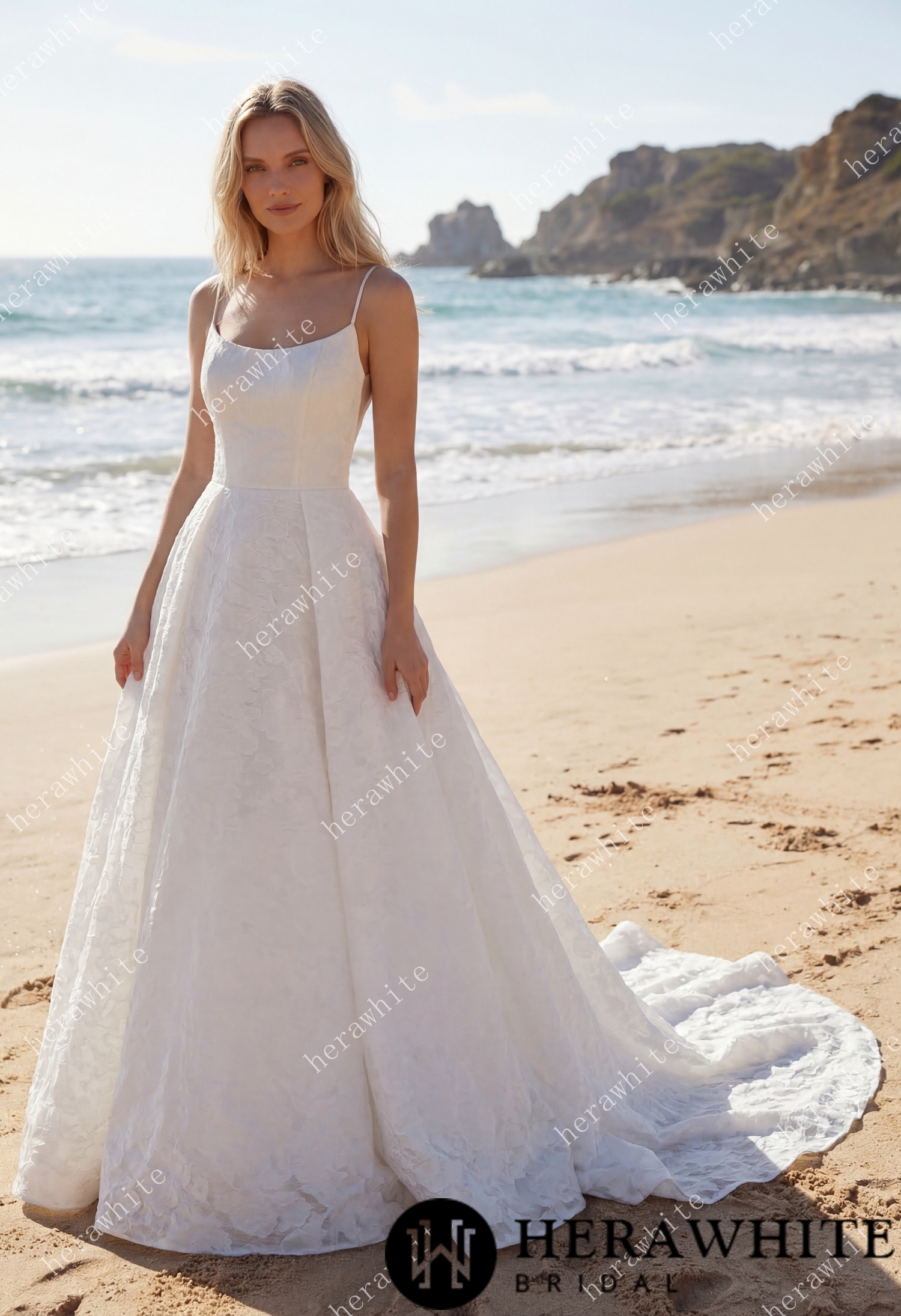 In Stock/ Exquisite  Jacquard  Organza Spaghetti Strap A-Line Wedding Gown