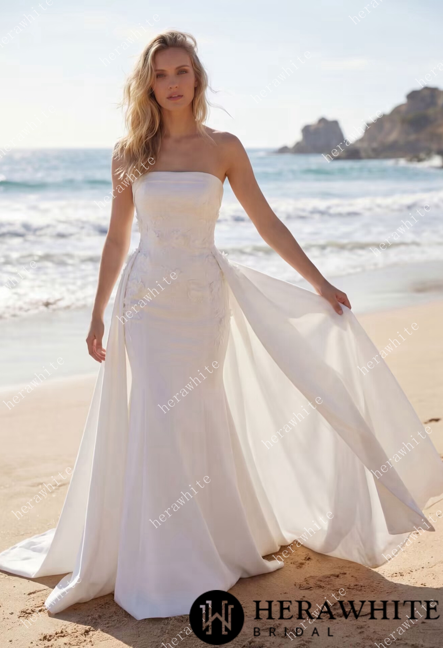 In Stock / Elegant Strapless Crepe Mermaid Wedding Dress With 3D Floral Appliqué & Detachable Overskirt